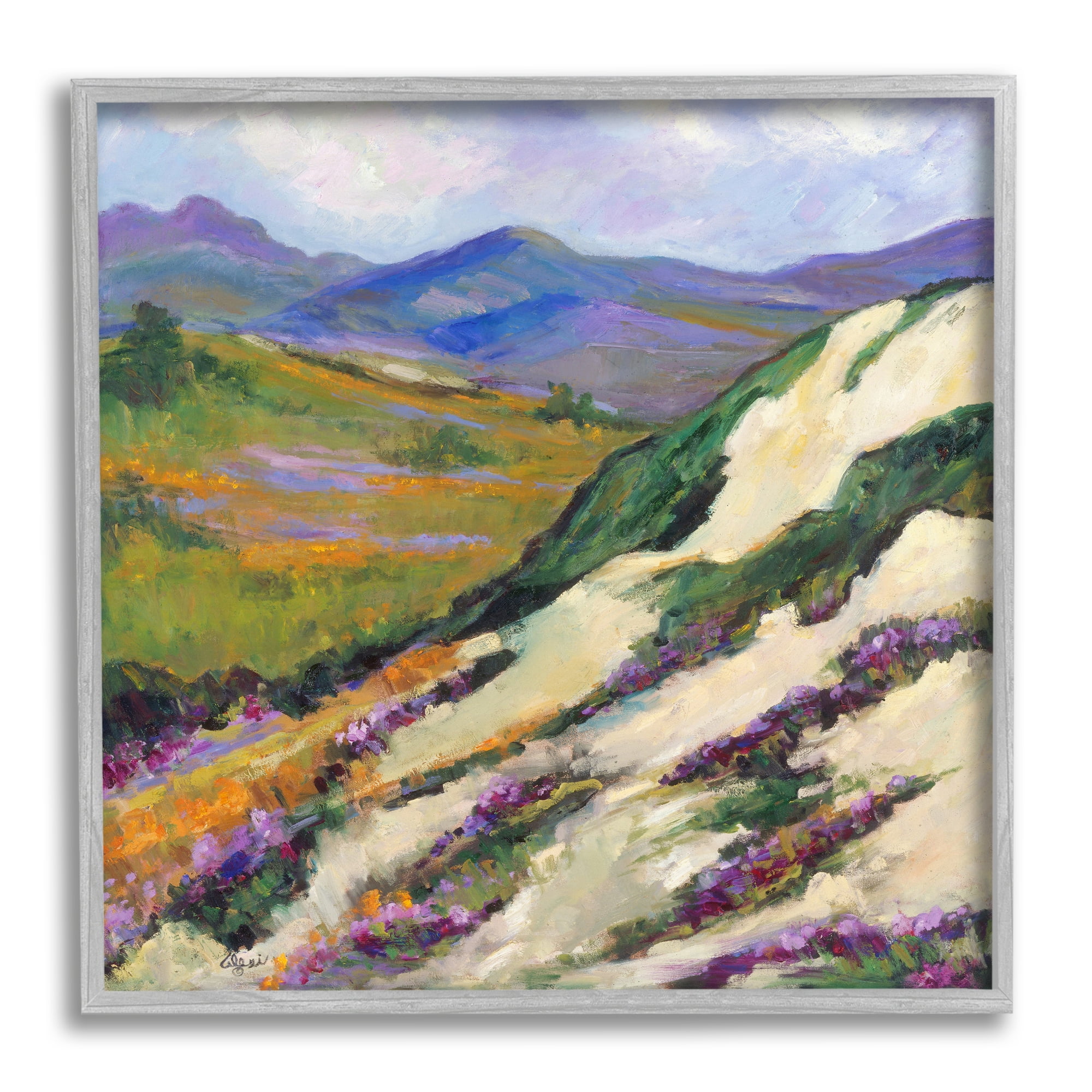 Stupell Industries Purple Mountains Landscape Landscape Painting Gray Framed Art Print Wall Art, 24 x 24