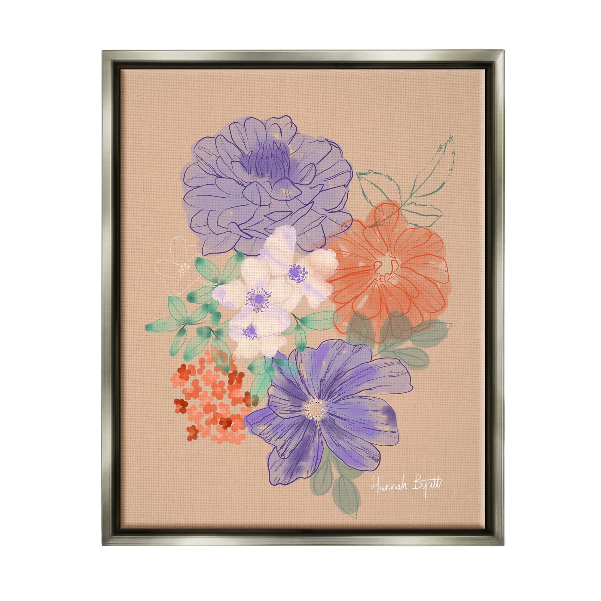 Stupell Industries Purple & Orange Flowers Botanical & Floral Painting Gray Floater Framed Art Print Wall Art, 17 x 21