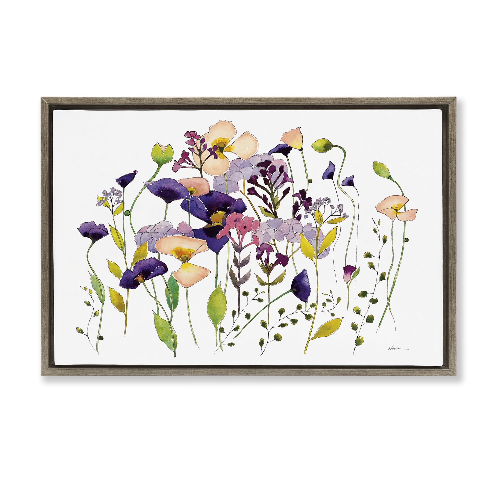 Stupell Industries Purple Poppy Sprigs Botanical & Floral Painting Brown Floater Framed Art Print Wall Art, 25 x 17