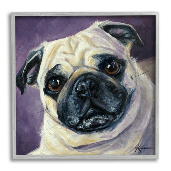 Stupell Industries Purple Pug Face Portrait Animals & Insects Painting Gray Framed Art Print Wall Art