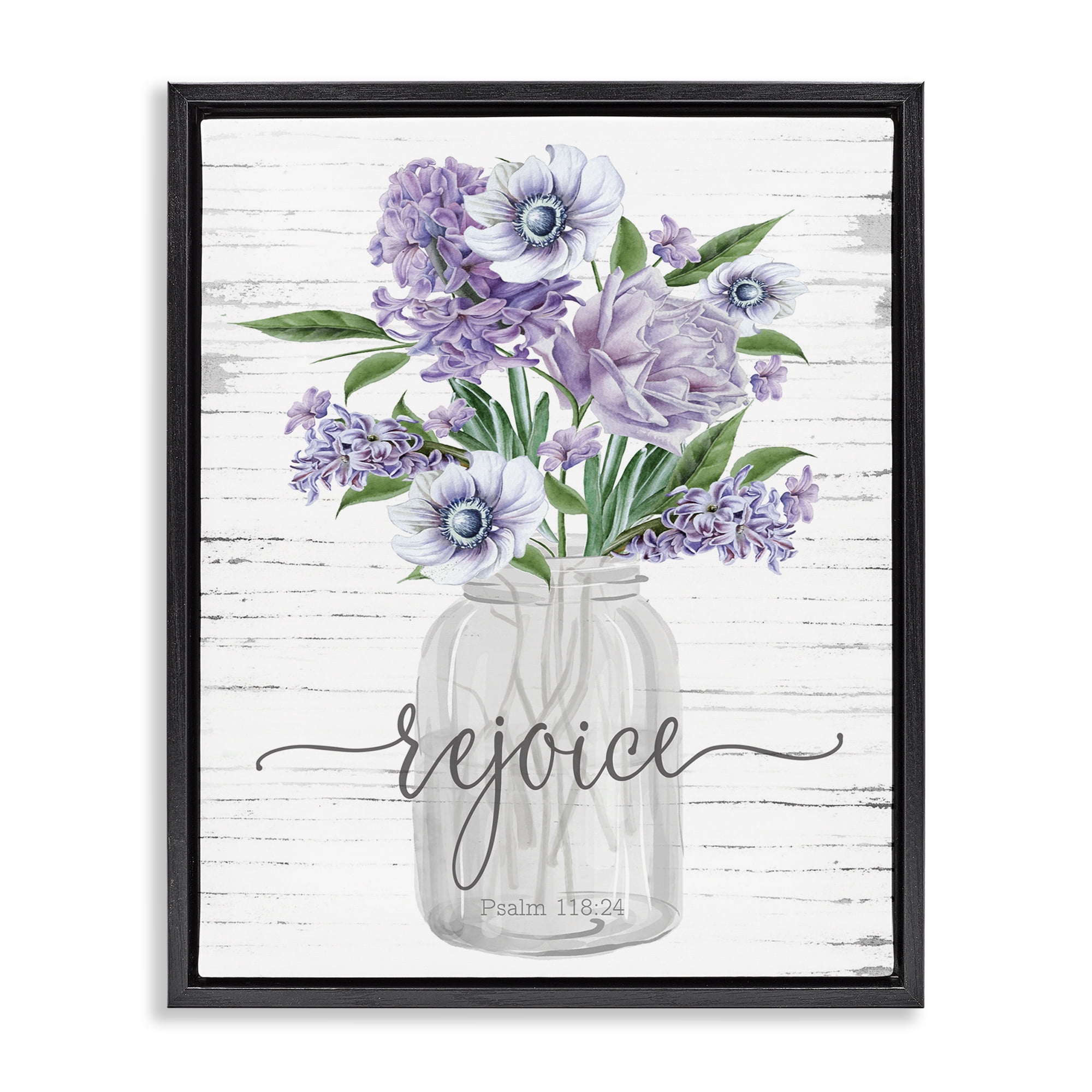 Stupell Industries Purple Rejoice Bouquet Religious Painting Black Floater Framed Canvas Art Print Wall Art, 25 x 31