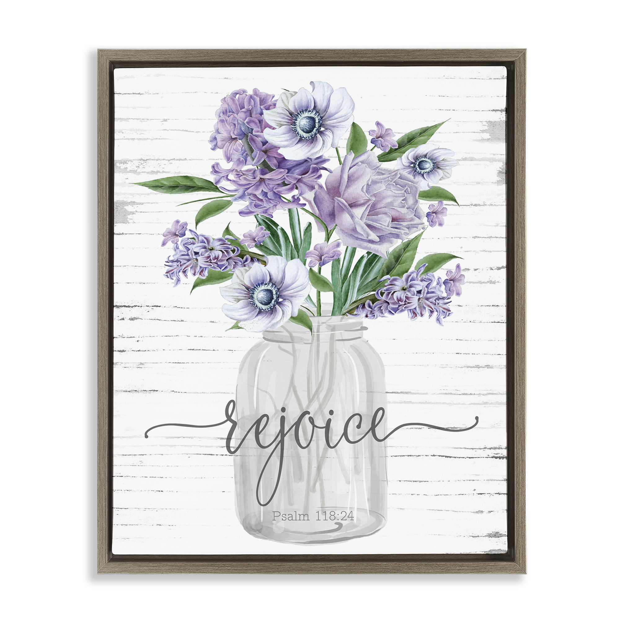 Stupell Industries Purple Rejoice Bouquet Religious Painting Brown Floater Framed Canvas Art Print Wall Art, 17 x 21