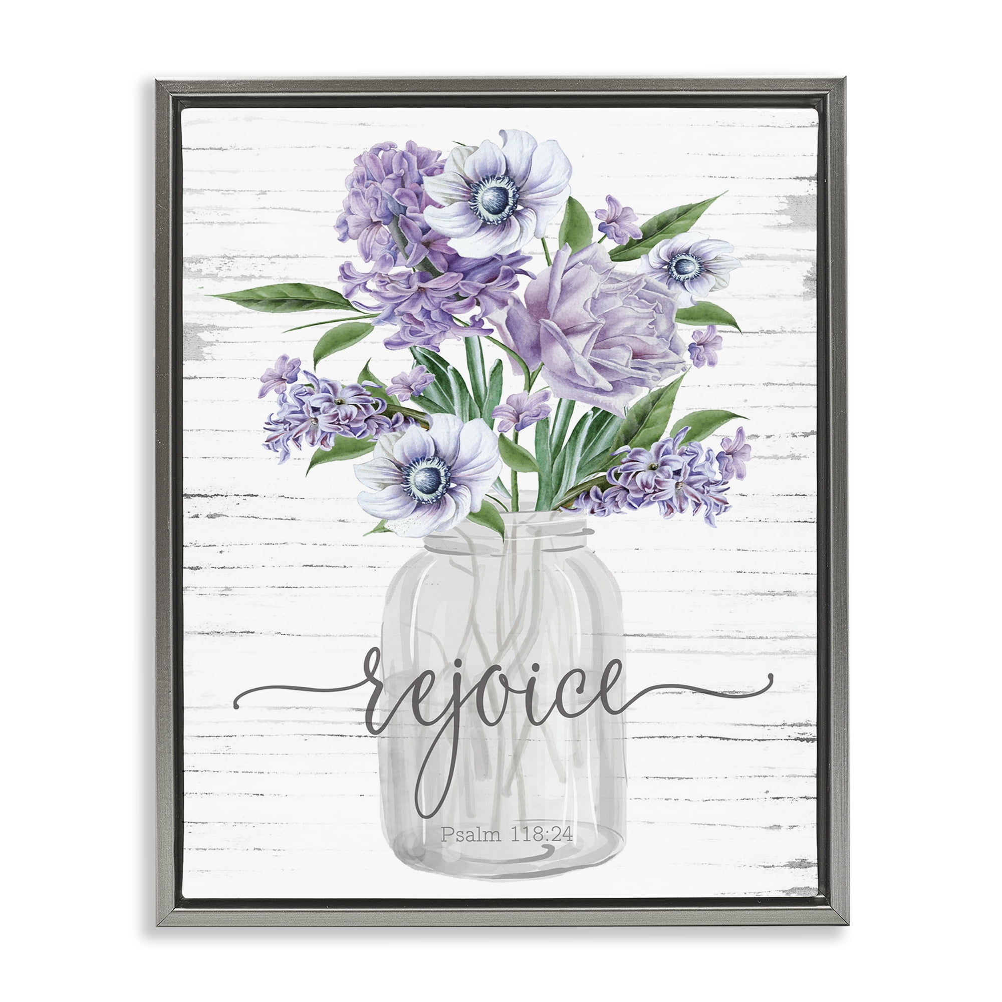Stupell Industries Purple Rejoice Bouquet Religious Painting Gray Floater Framed Canvas Art Print Wall Art, 25 x 31