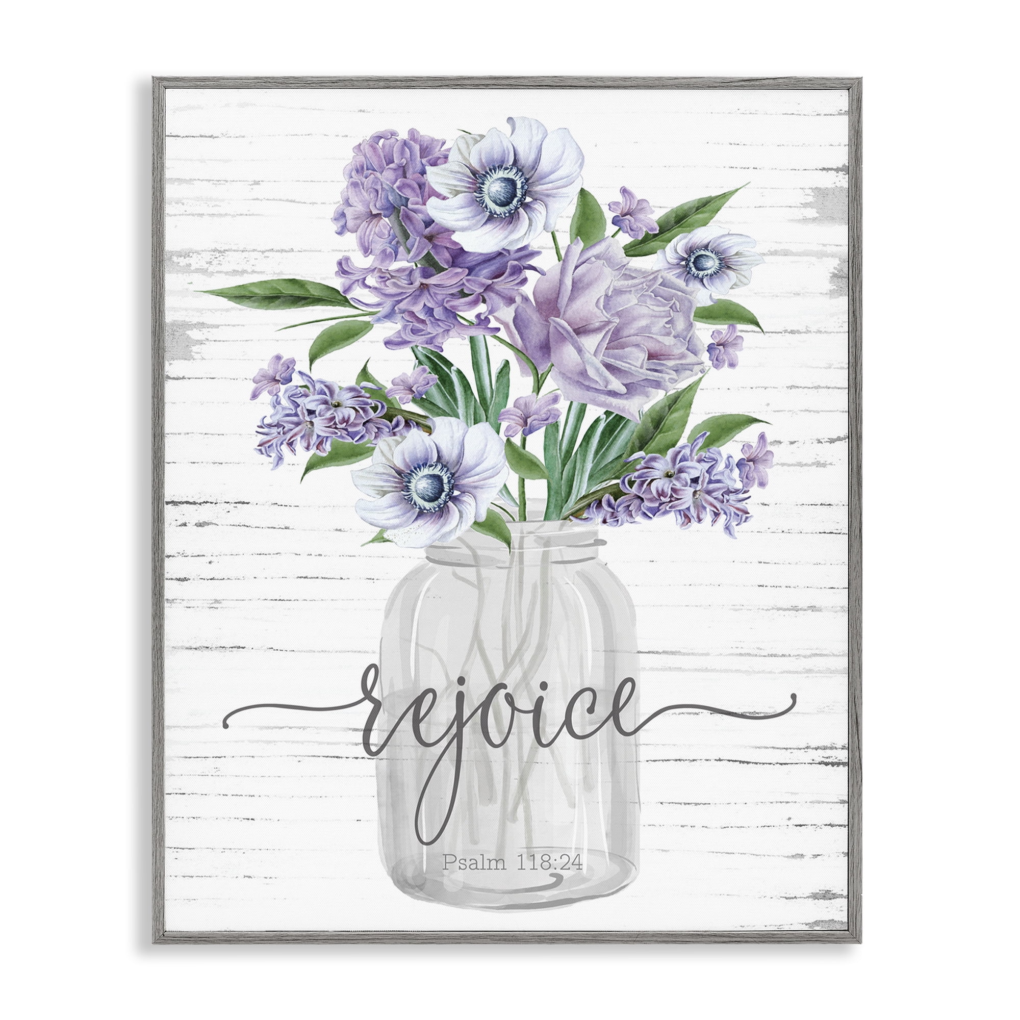 Stupell Industries Purple Rejoice Bouquet Religious Painting Gray Framed Art Print Wall Art, 24 x 30