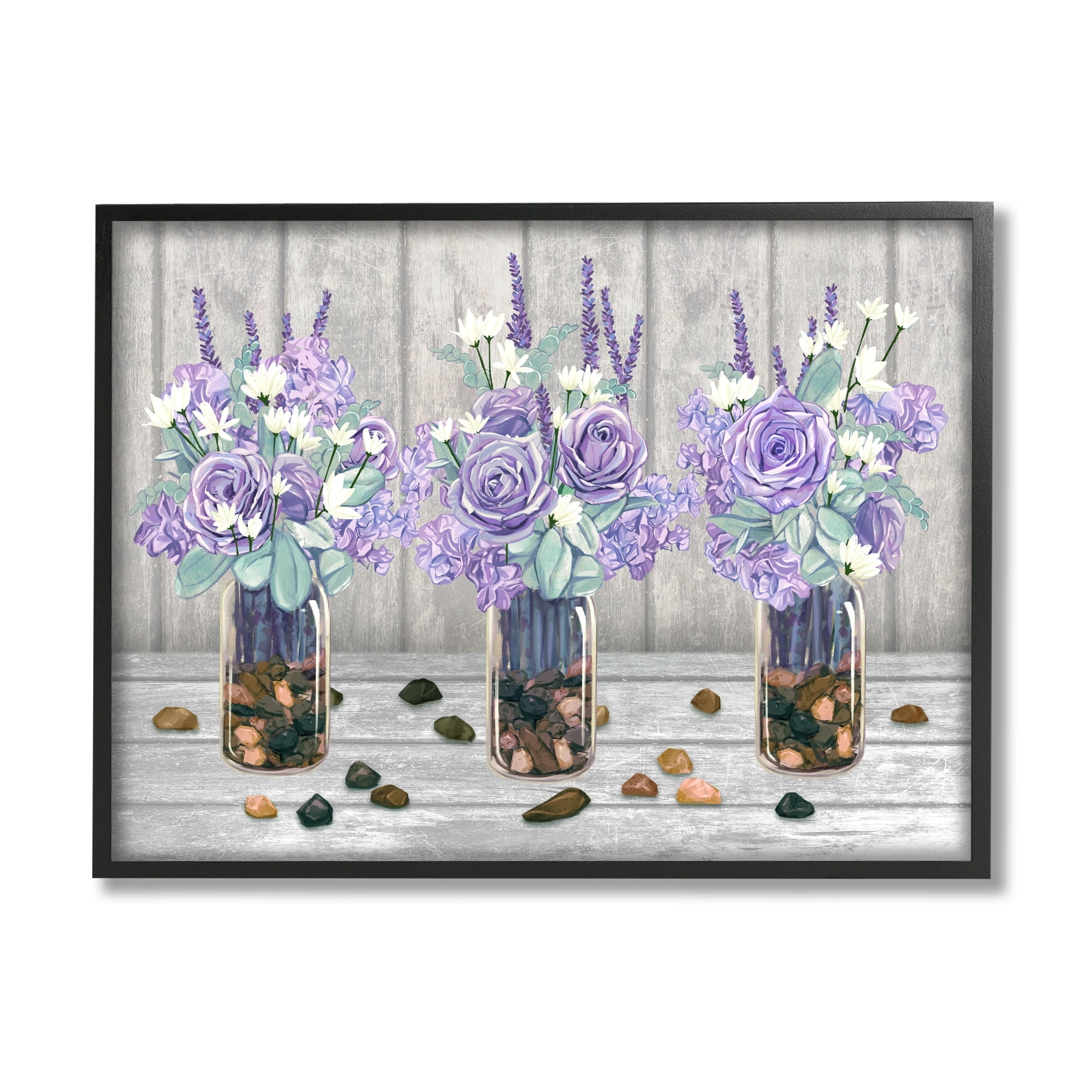 Stupell Industries Purple Rose Bouquet Trio Scattered Rustic Rocks Graphic Art Black Framed Art Print Wall Art, Design by Ziwei Li