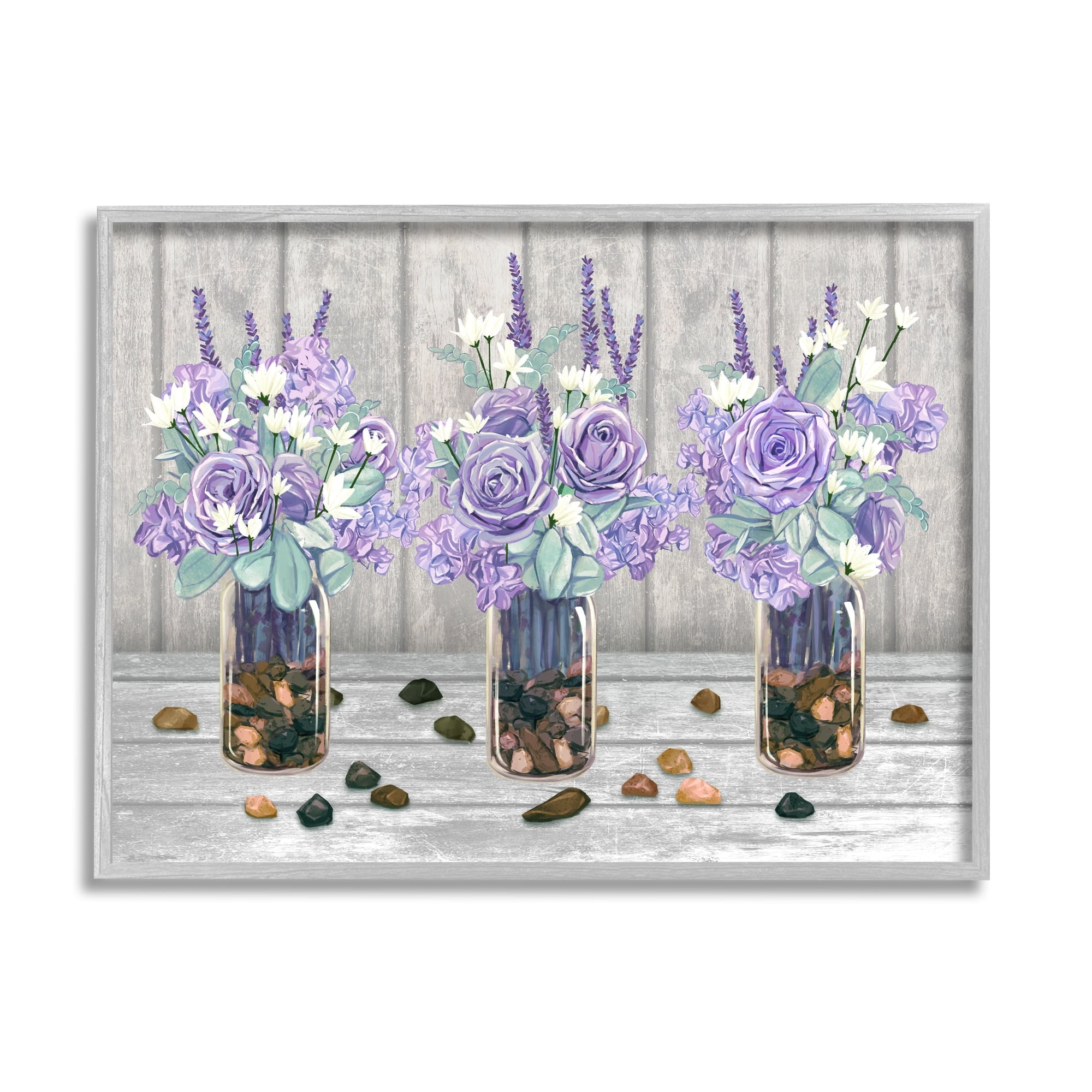 Stupell Industries Purple Rose Bouquet Trio Scattered Rustic Rocks Graphic Art Gray Framed Art Print Wall Art, Design by Ziwei Li