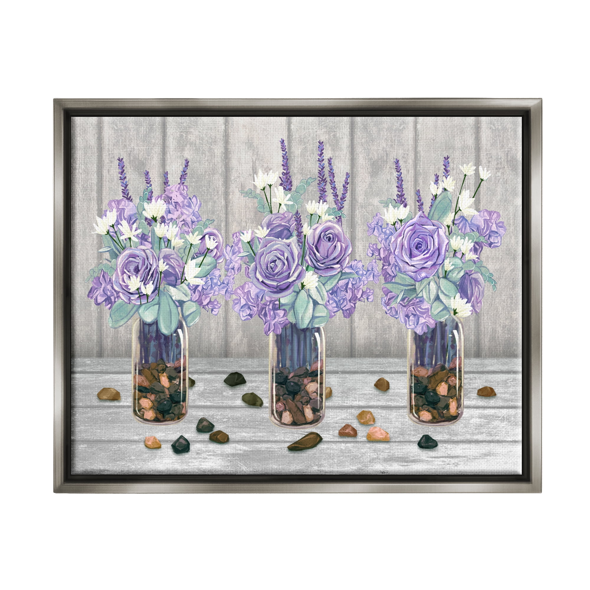 Stupell Industries Purple Rose Bouquet Trio Scattered Rustic Rocks Graphic Art Luster Gray Floating Framed Canvas Print Wall Art, Design by Ziwei Li