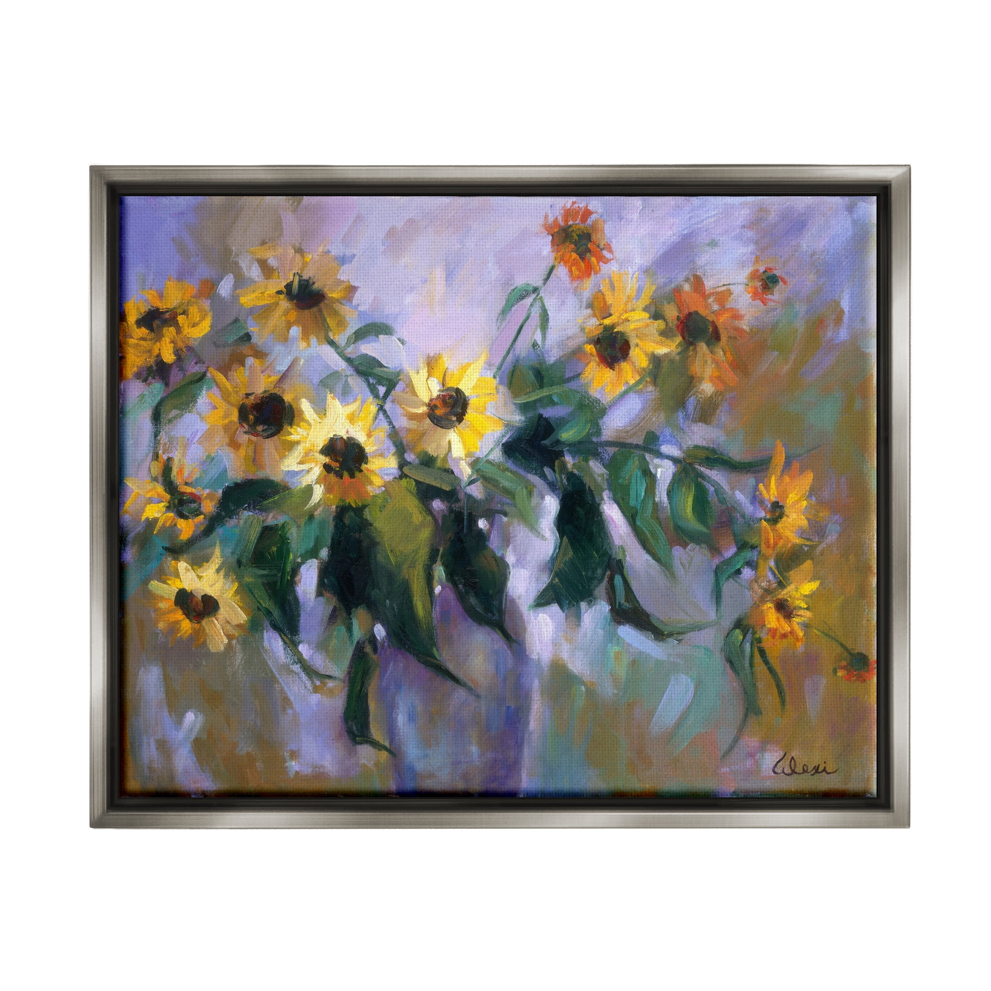 Stupell Industries Purple Sunflowers Painting Botanical & Floral Painting Gray Floater Framed Canvas Art Print Wall Art, 31 x 25