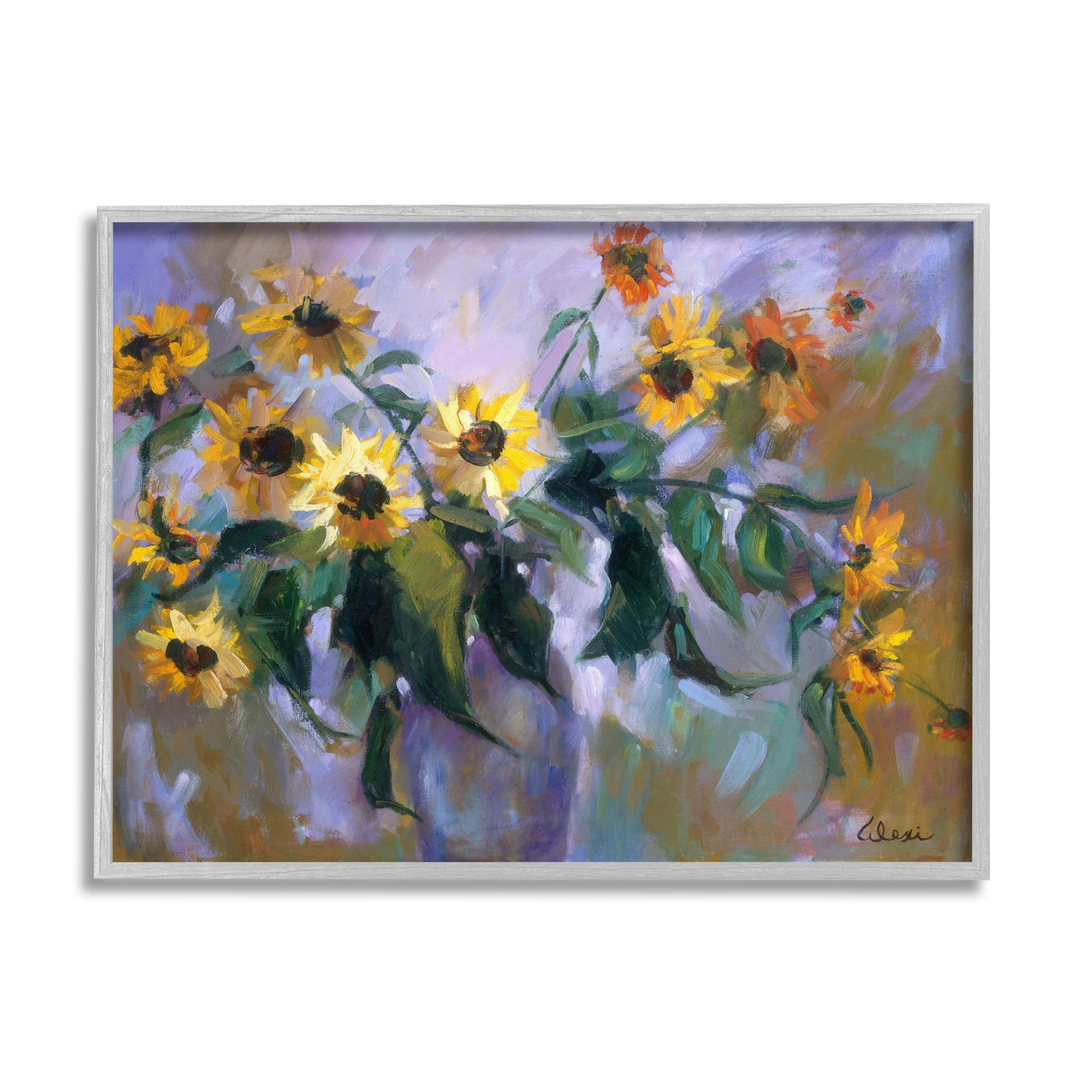 Stupell Industries Purple Sunflowers Painting Botanical & Floral Painting Gray Framed Art Print Wall Art, 30 x 24