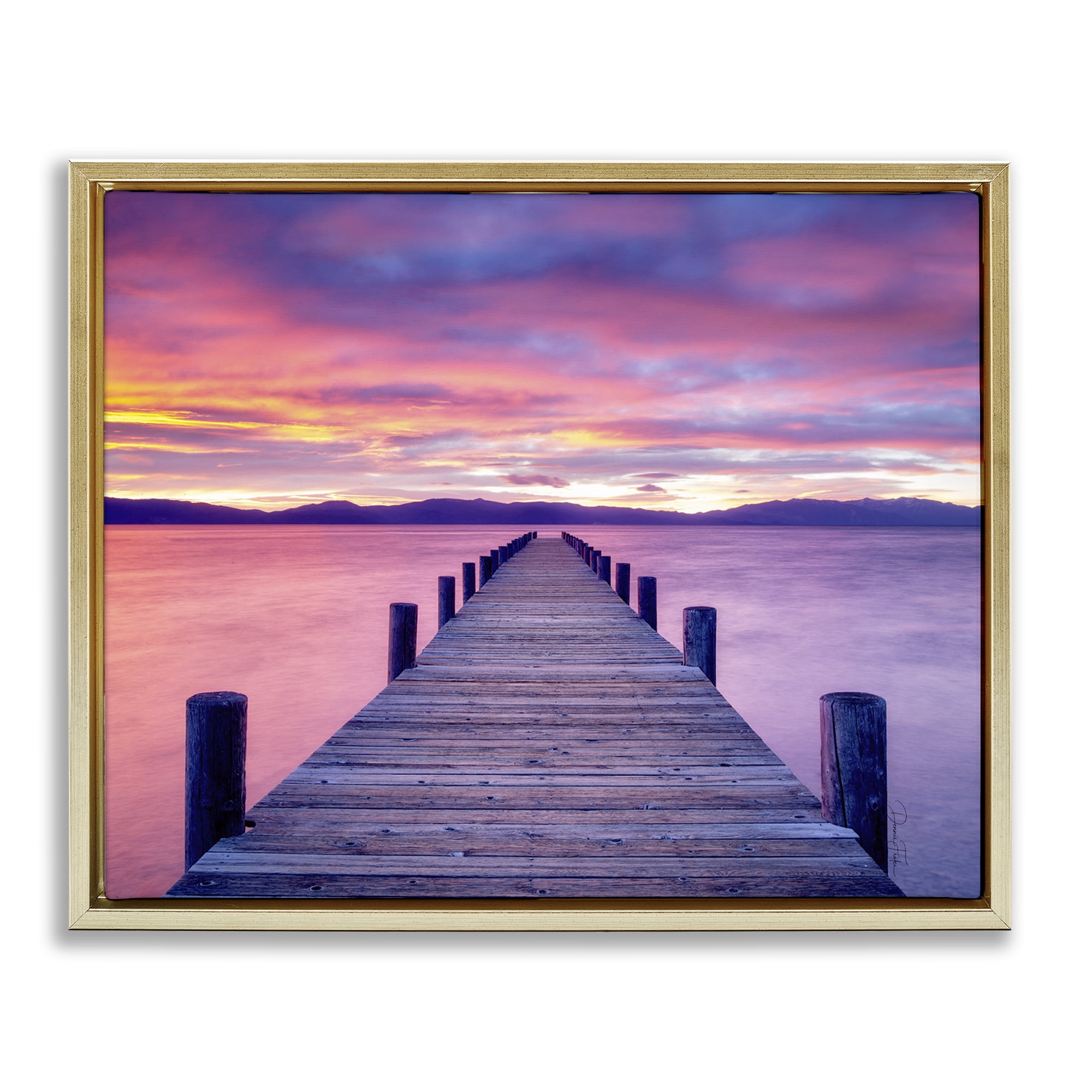 Stupell Industries Purple Sunset Dock Landscape Photography Gold Floater Framed Canvas Art Print Wall Art, 31 x 25