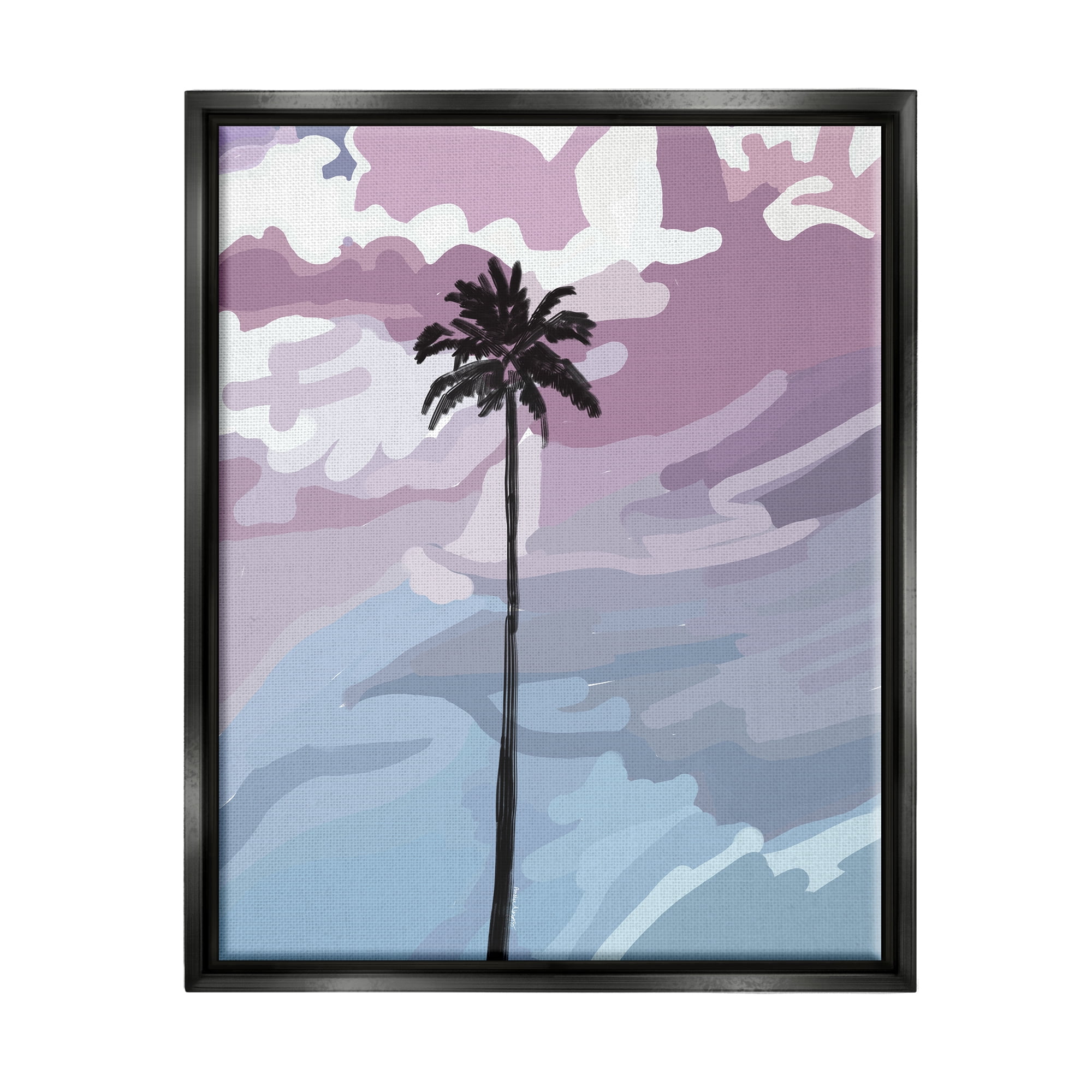 Stupell Industries Purple Sunset Tropical Palm Coastal Painting Black Floater Framed Art Print Wall Art