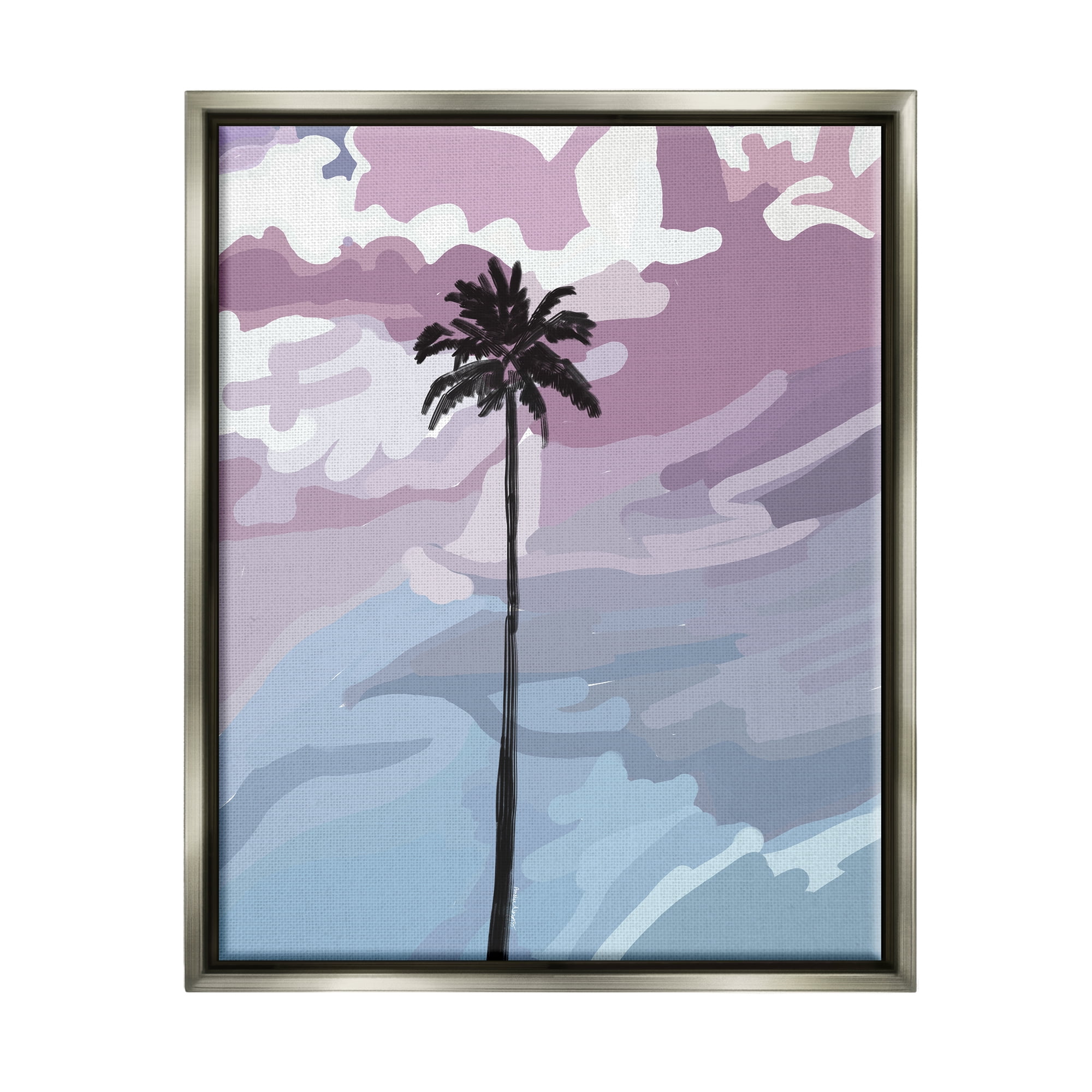 Stupell Industries Purple Sunset Tropical Palm Coastal Painting Gray Floater Framed Art Print Wall Art