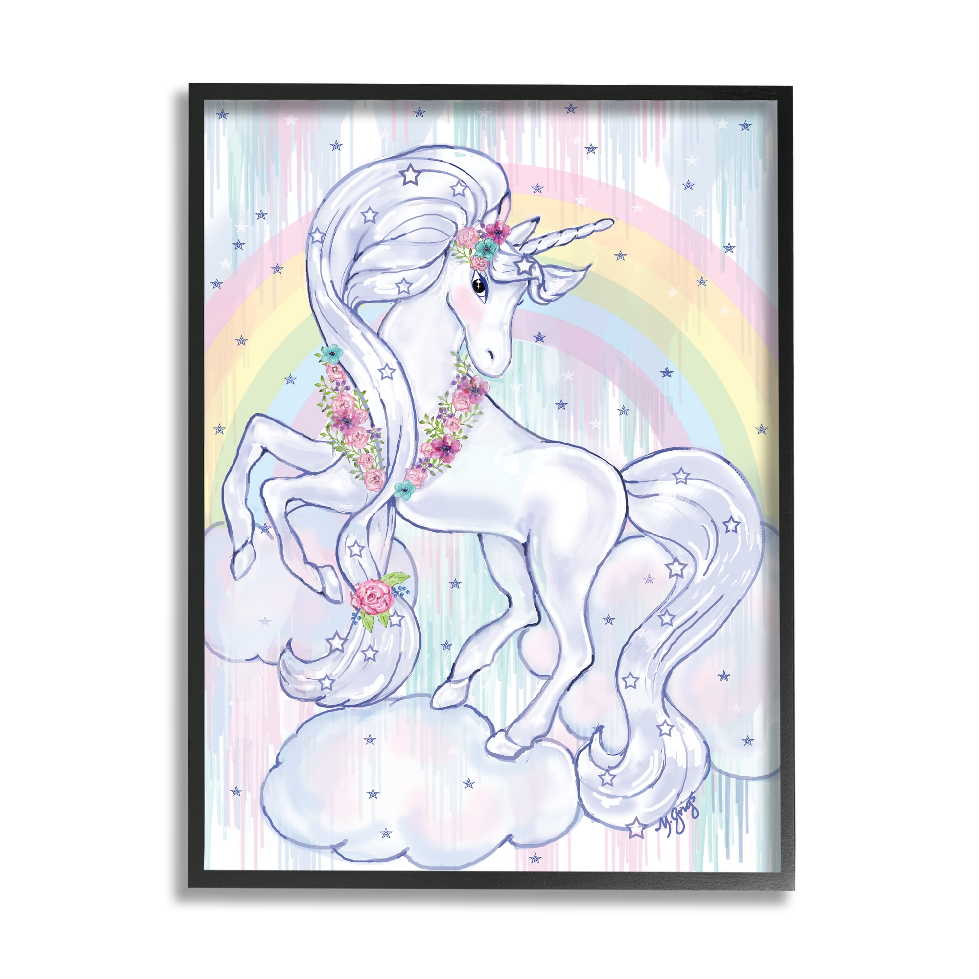 Stupell Industries Purple Unicorn Floral Mane Clouds Under Rainbow Graphic Art Black Framed Art Print Wall Art, 11x14, by Maureen Grigs