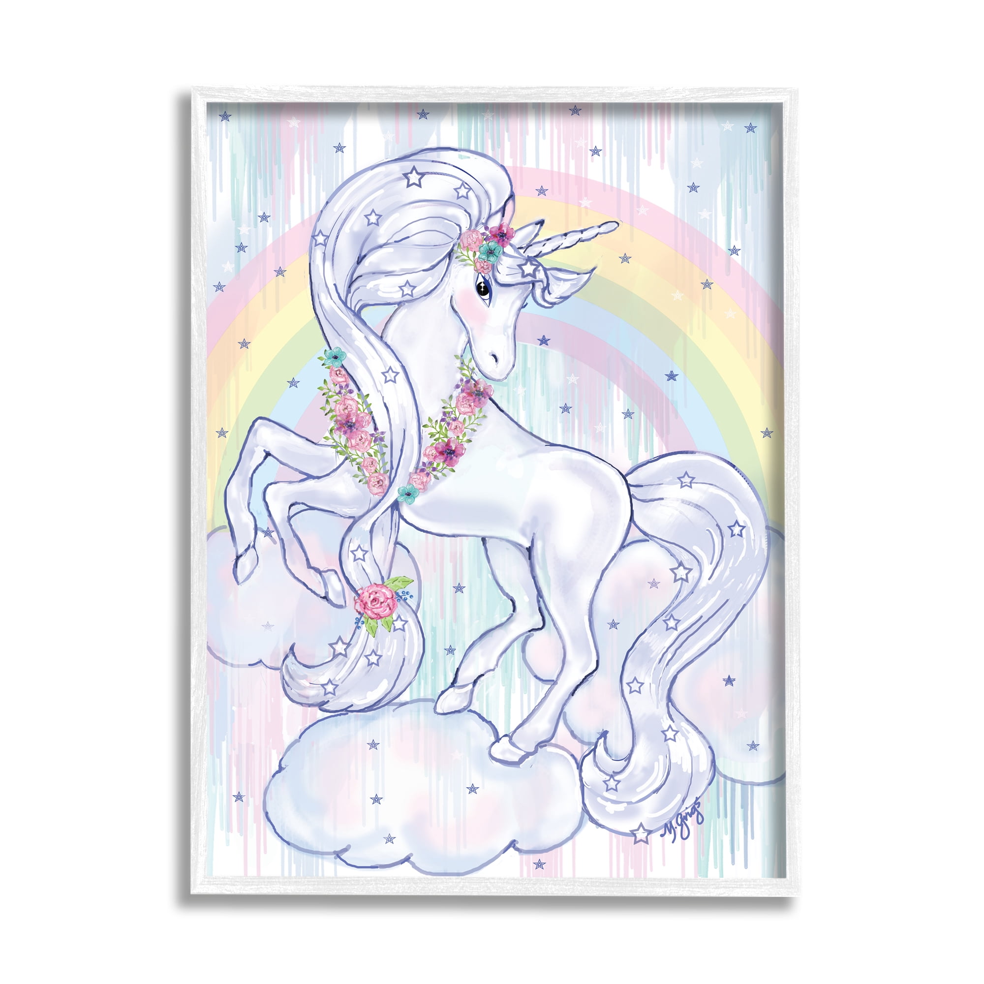 Stupell Industries Purple Unicorn Floral Mane Clouds Under Rainbow Modern Painting White Framed Art Print Wall Art, 24 x 30, Design by Maureen Grigs