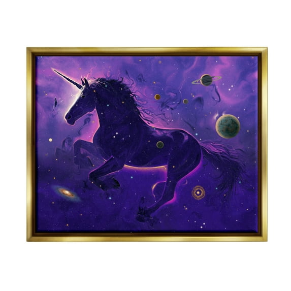 Stupell Industries Purple Unicorn Nebula Fairy Tales & Fantasy Painting Gold Floater Framed Canvas Art Print Wall Art, 21 x 17