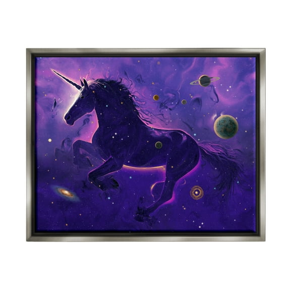 Stupell Industries Purple Unicorn Nebula Fairy Tales & Fantasy Painting Gray Floater Framed Canvas Art Print Wall Art, 31 x 25