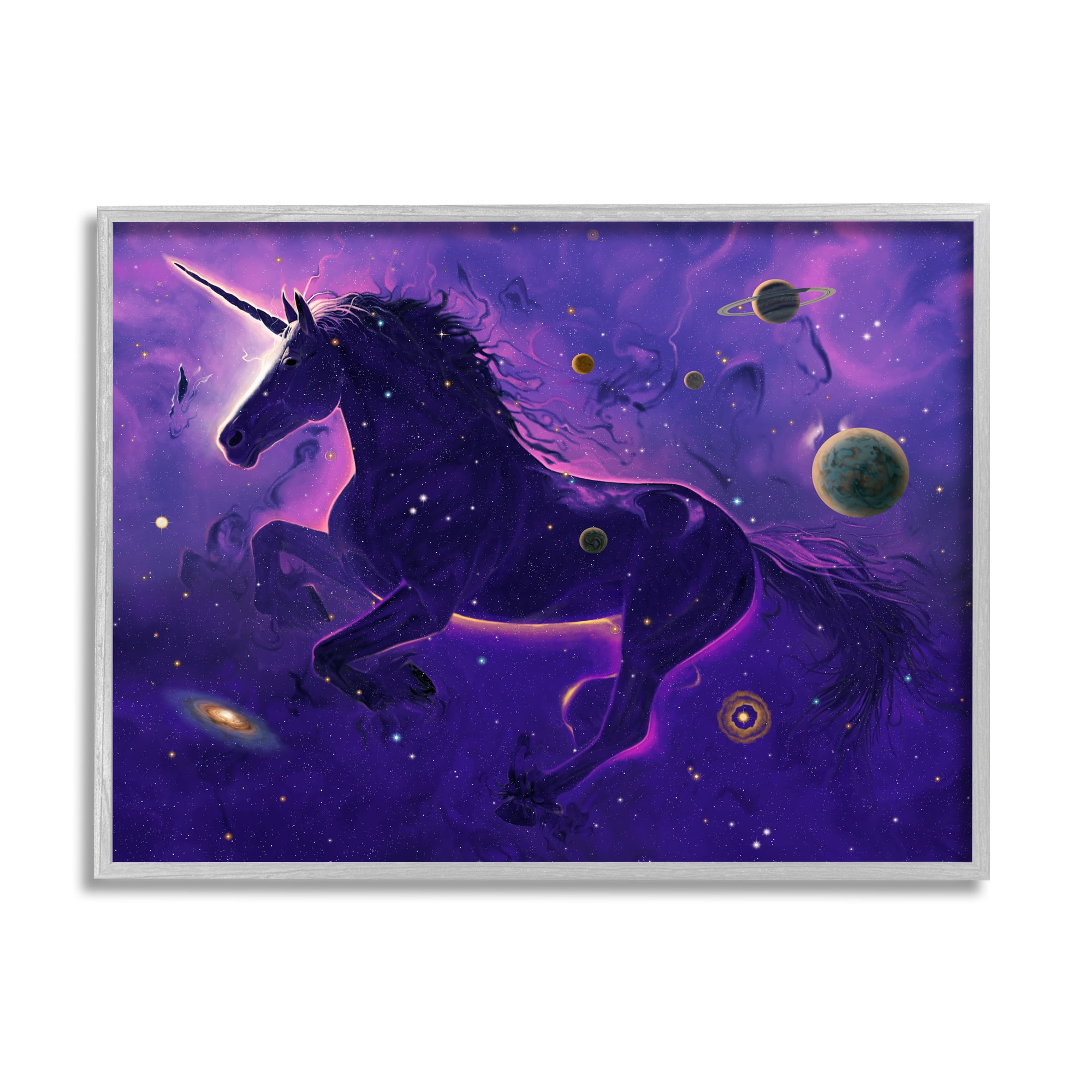 Stupell Industries Purple Unicorn Nebula Fairy Tales & Fantasy Painting Gray Framed Art Print Wall Art, 14 x 11