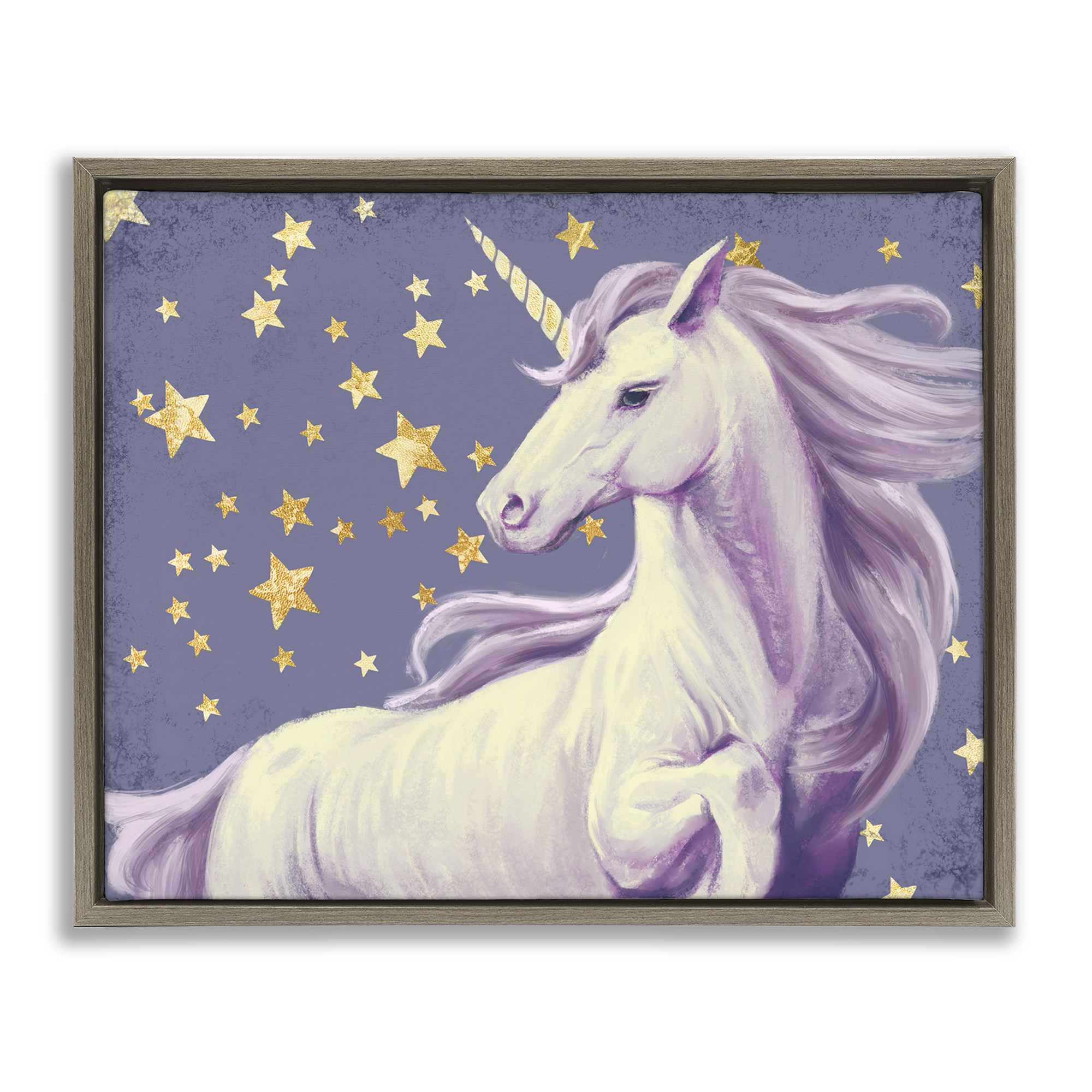 Stupell Industries Purple Unicorn in Starry Sky Fairy Tales & Fantasy Painting Brown Floater Framed Canvas Art Print Wall Art, 21 x 17
