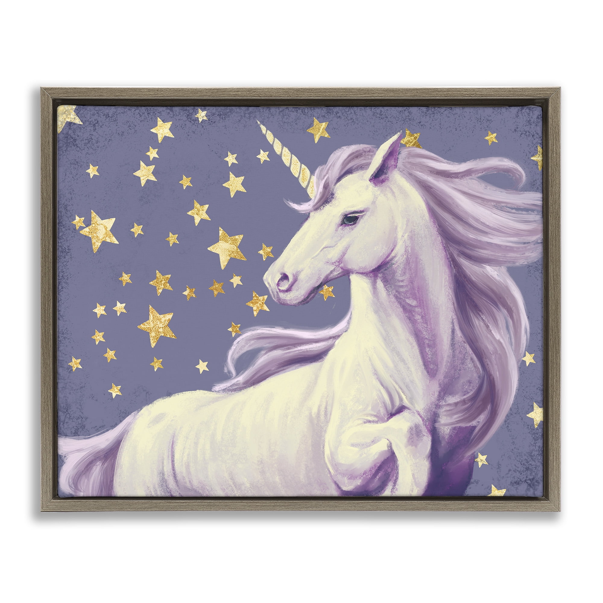 Stupell Industries Purple Unicorn in Starry Sky Fairy Tales & Fantasy Painting Brown Floater Framed Canvas Art Print Wall Art, 31 x 25