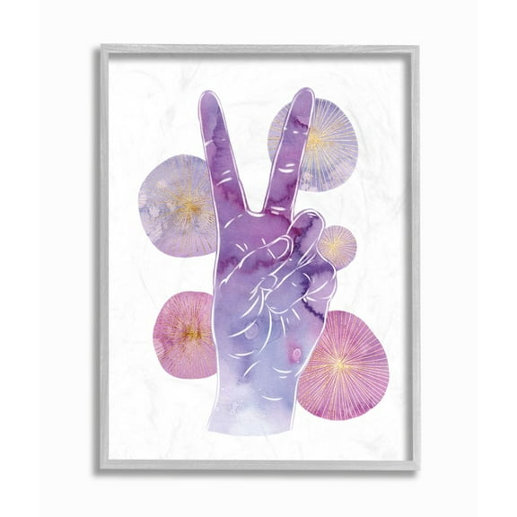 Stupell Industries Purple Watercolor Peace Hand Sign with Abstract Shapes Gray Framed Art Print Wall Art, 16x20, by Ziwei Li