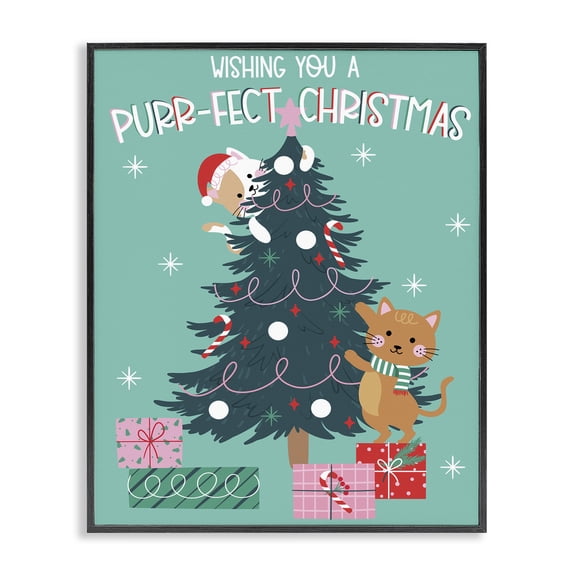 Stupell Industries Purr-Fect Christmas Tree Holiday Painting Black Framed Art Print Wall Art, 11 x 14