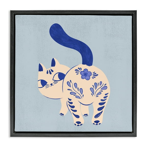 Stupell Industries Purrcelin Patterned Cat Animals Painting Black Floater Framed Canvas Art Print Wall Art, 18 x 18