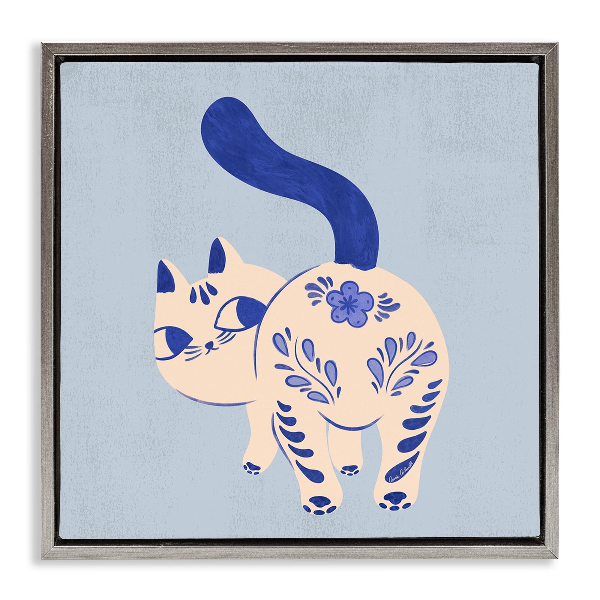 Stupell Industries Purrcelin Patterned Cat Animals Painting Gray Floater Framed Canvas Art Print Wall Art, 25 x 25