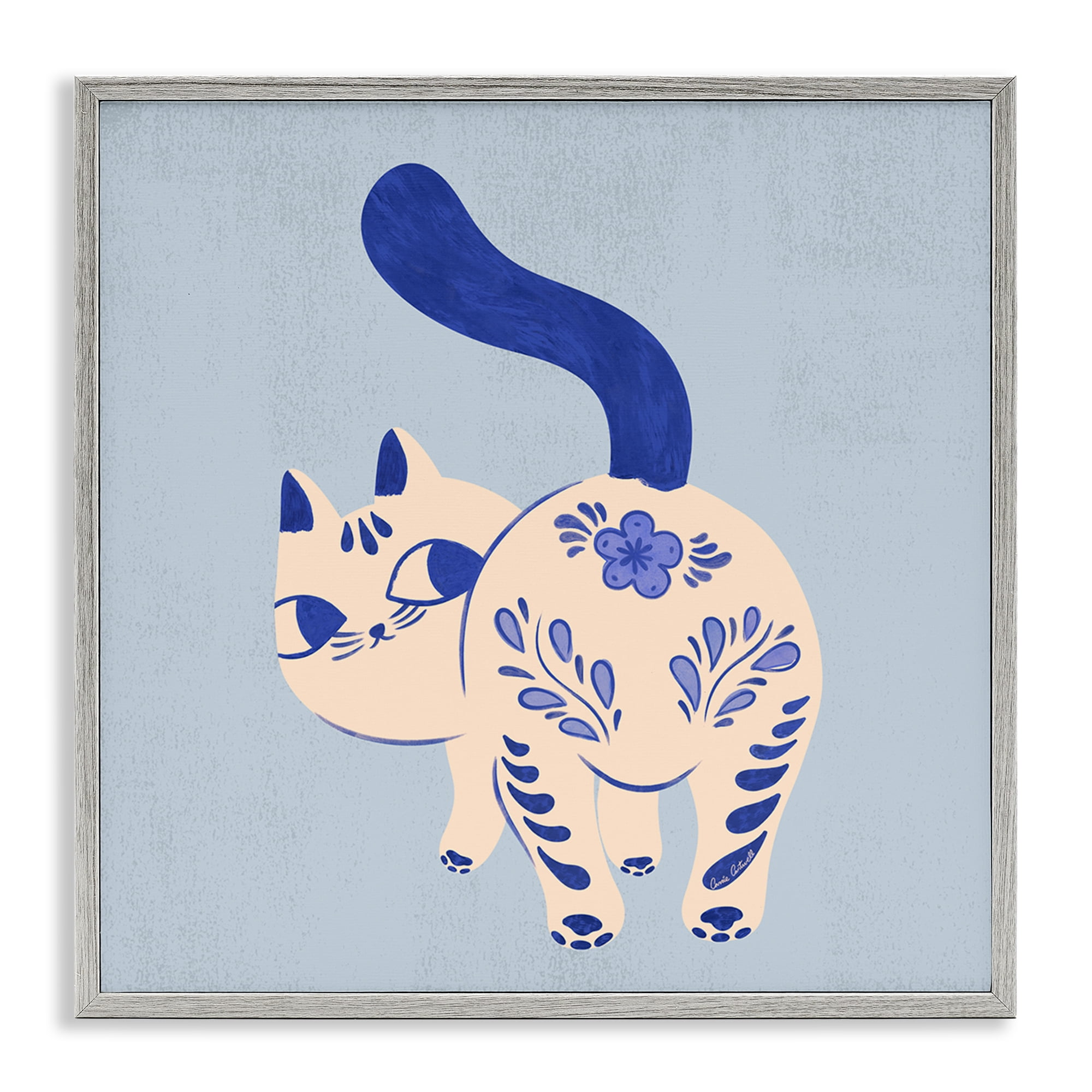 Stupell Industries Purrcelin Patterned Cat Animals Painting Gray Framed Art Print Wall Art, 12 x 12