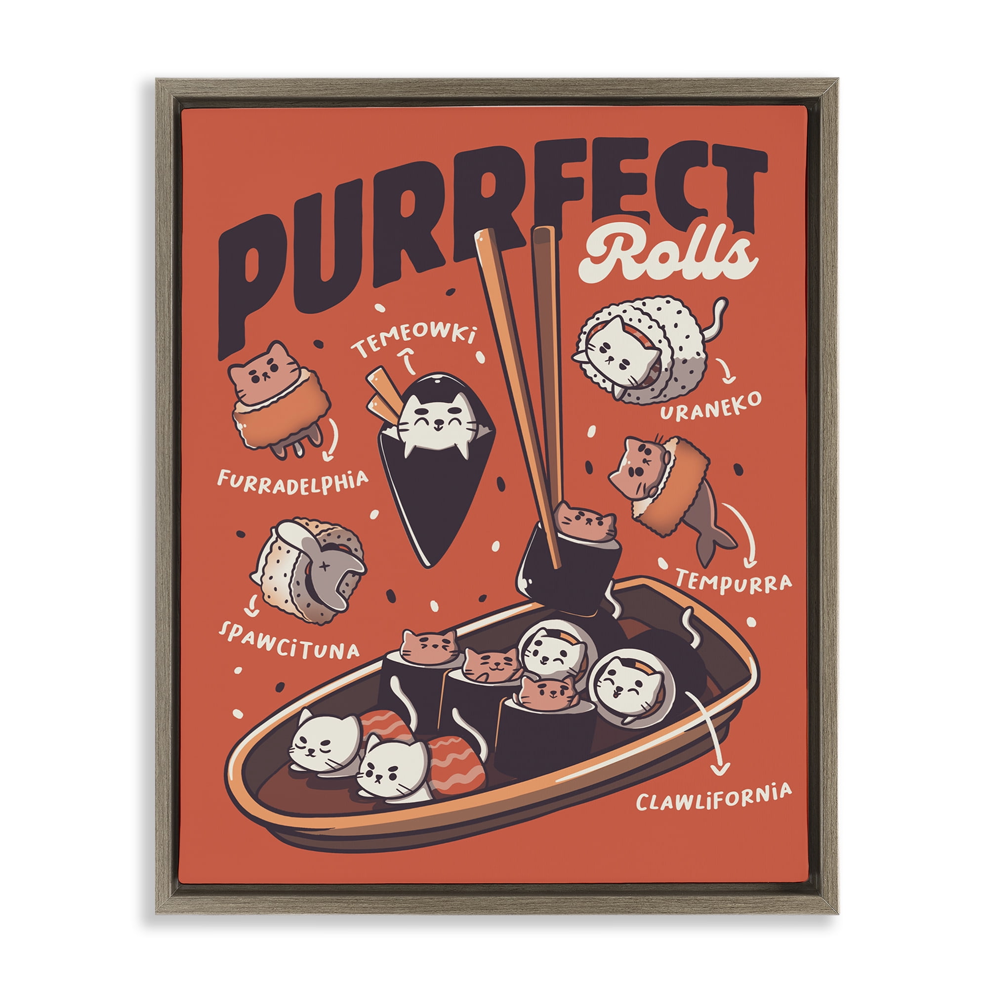 Stupell Industries Purrfect Rolls Sushi Cats Brown Framed Floater Canvas Wall Art, design by Tobe Fonseca