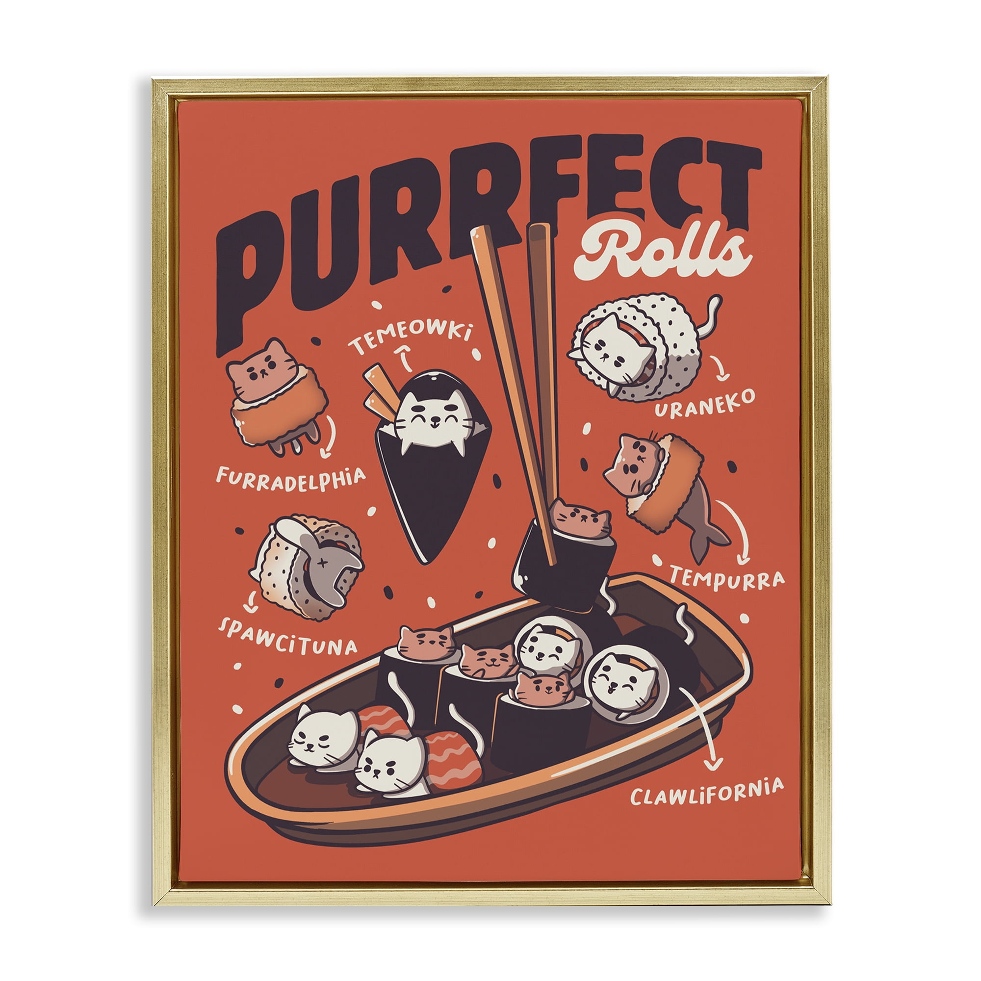 Stupell Industries Purrfect Rolls Sushi Cats Gold Framed Floater Canvas Wall Art, design by Tobe Fonseca