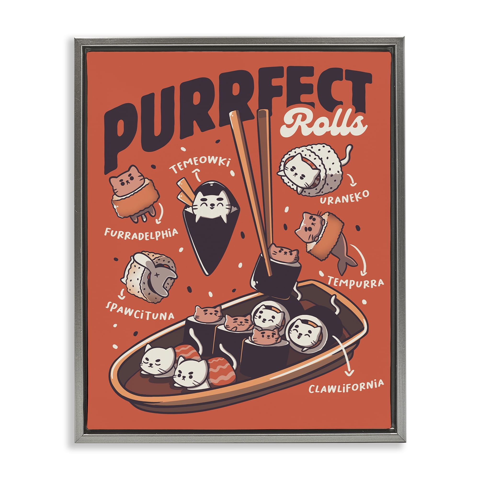 Stupell Industries Purrfect Rolls Sushi Cats Gray Framed Floater Canvas Wall Art, design by Tobe Fonseca