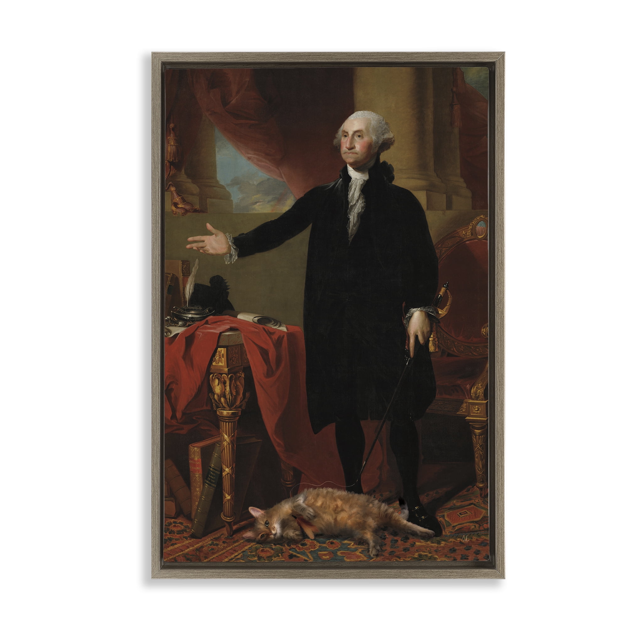 Stupell Industries Purrsuit Of Liberty Historical Cat Brown Framed Floater Canvas Wall Art, design by Sarah Adams