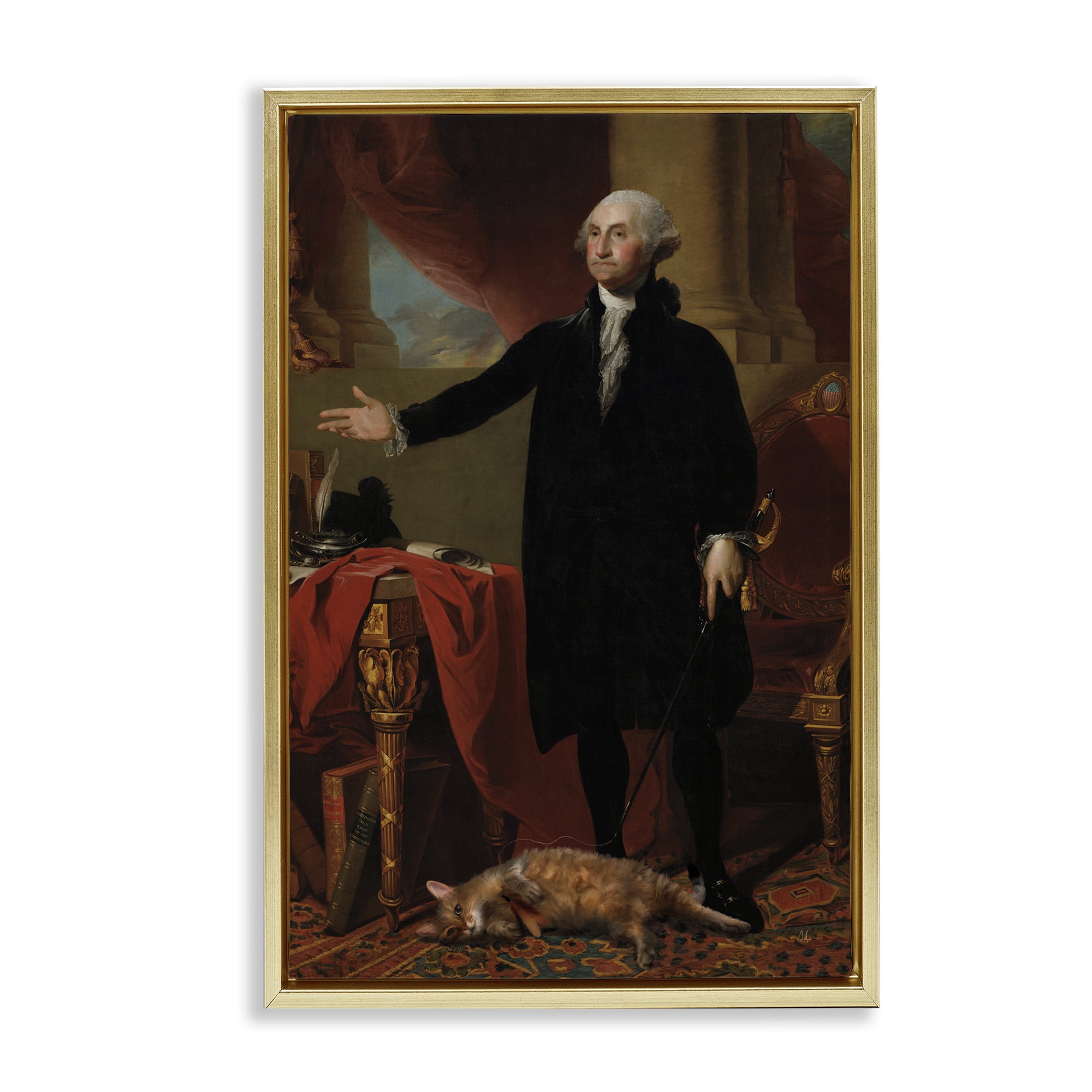 Stupell Industries Purrsuit Of Liberty Historical Cat Gold Framed Floater Canvas Wall Art, design by Sarah Adams