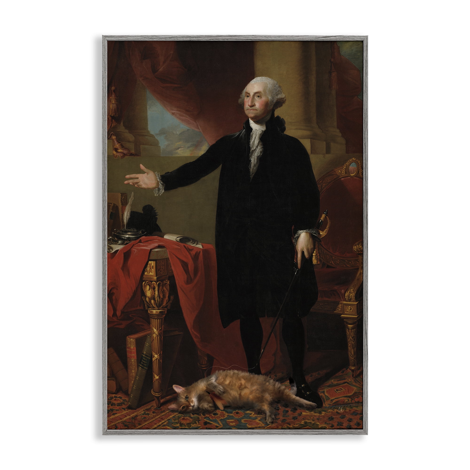Stupell Industries Purrsuit Of Liberty Historical Cat Gray Framed Giclee Art, design by Sarah Adams