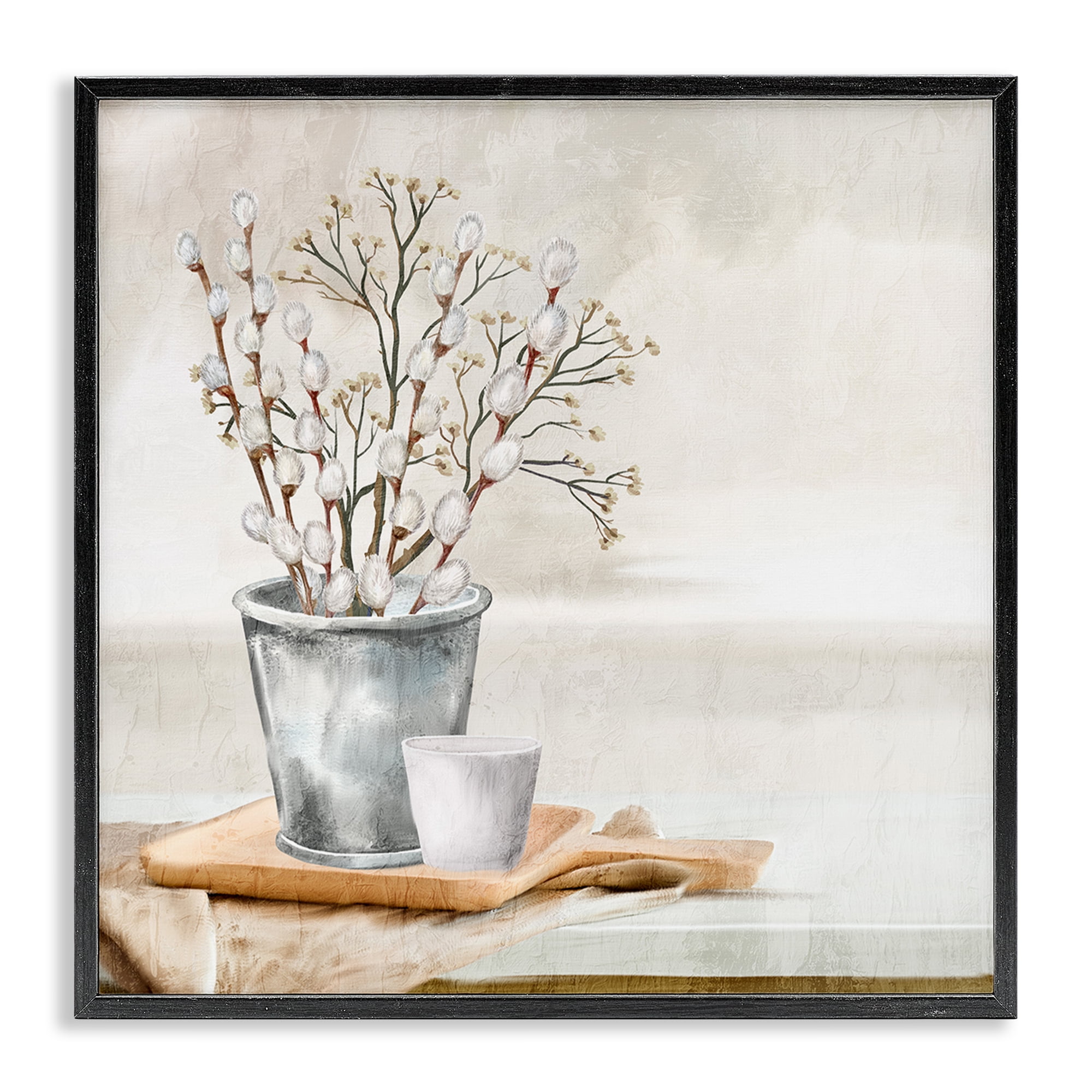 Stupell Industries Pussy Willow Still Life Botanical & Floral Painting Black Framed Art Print Wall Art, 24 x 24
