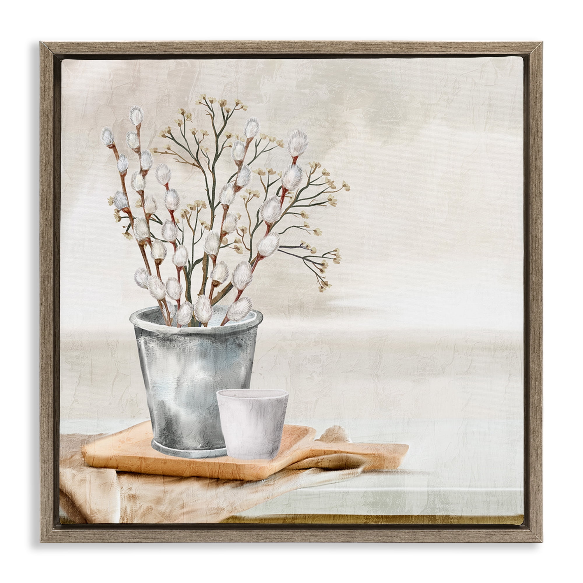 Stupell Industries Pussy Willow Still Life Botanical & Floral Painting Brown Floater Framed Art Print Wall Art, 18 x 18