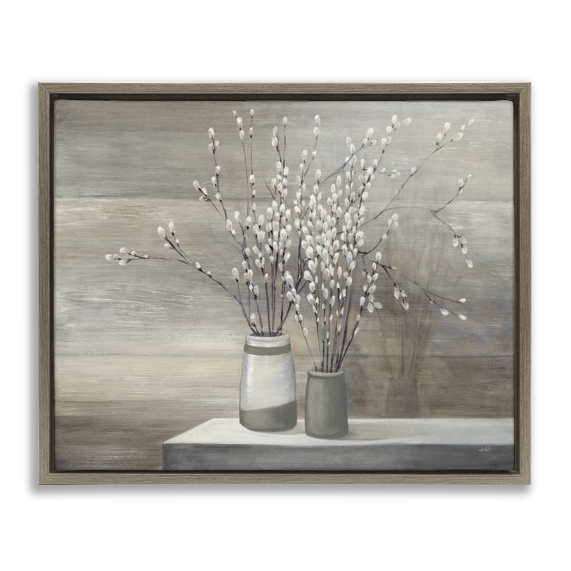 Stupell Industries Pussy Willow Still Life Botanical & Floral Painting Brown Floater Framed Canvas Art Print Wall Art, 21 x 17