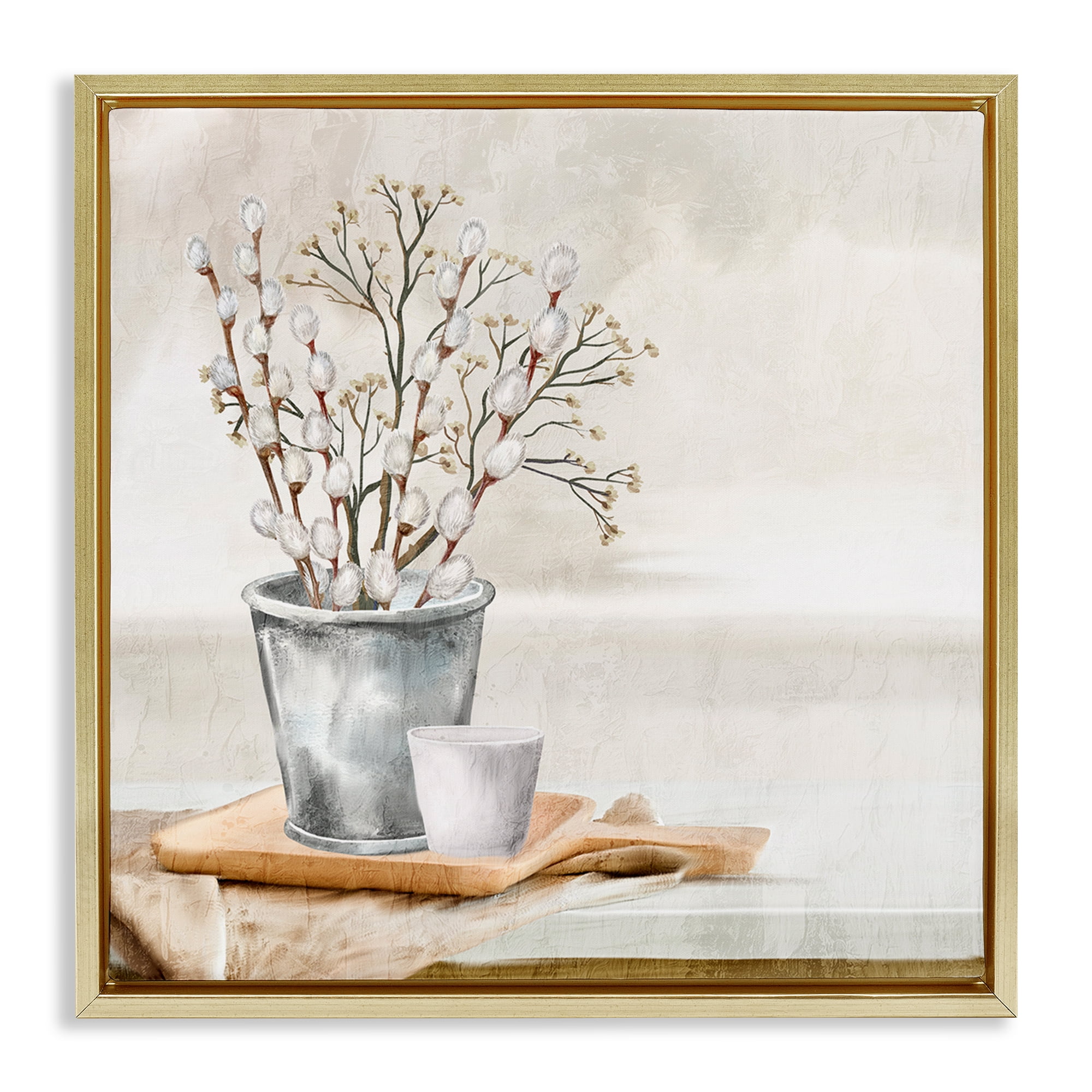 Stupell Industries Pussy Willow Still Life Botanical & Floral Painting Gold Floater Framed Art Print Wall Art, 25 x 25