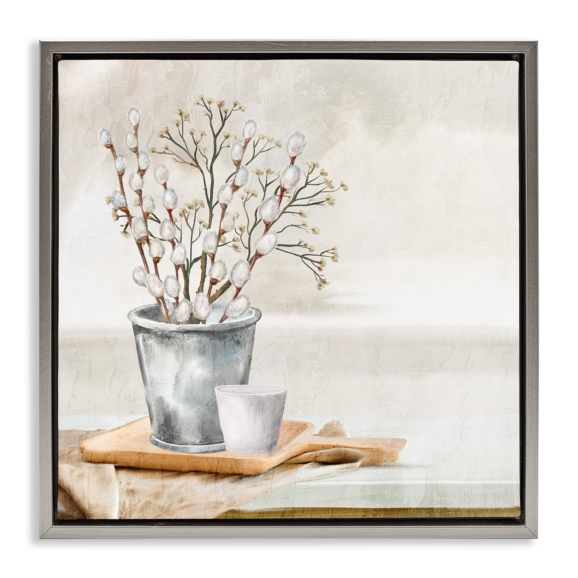 Stupell Industries Pussy Willow Still Life Botanical & Floral Painting Gray Floater Framed Art Print Wall Art, 18 x 18