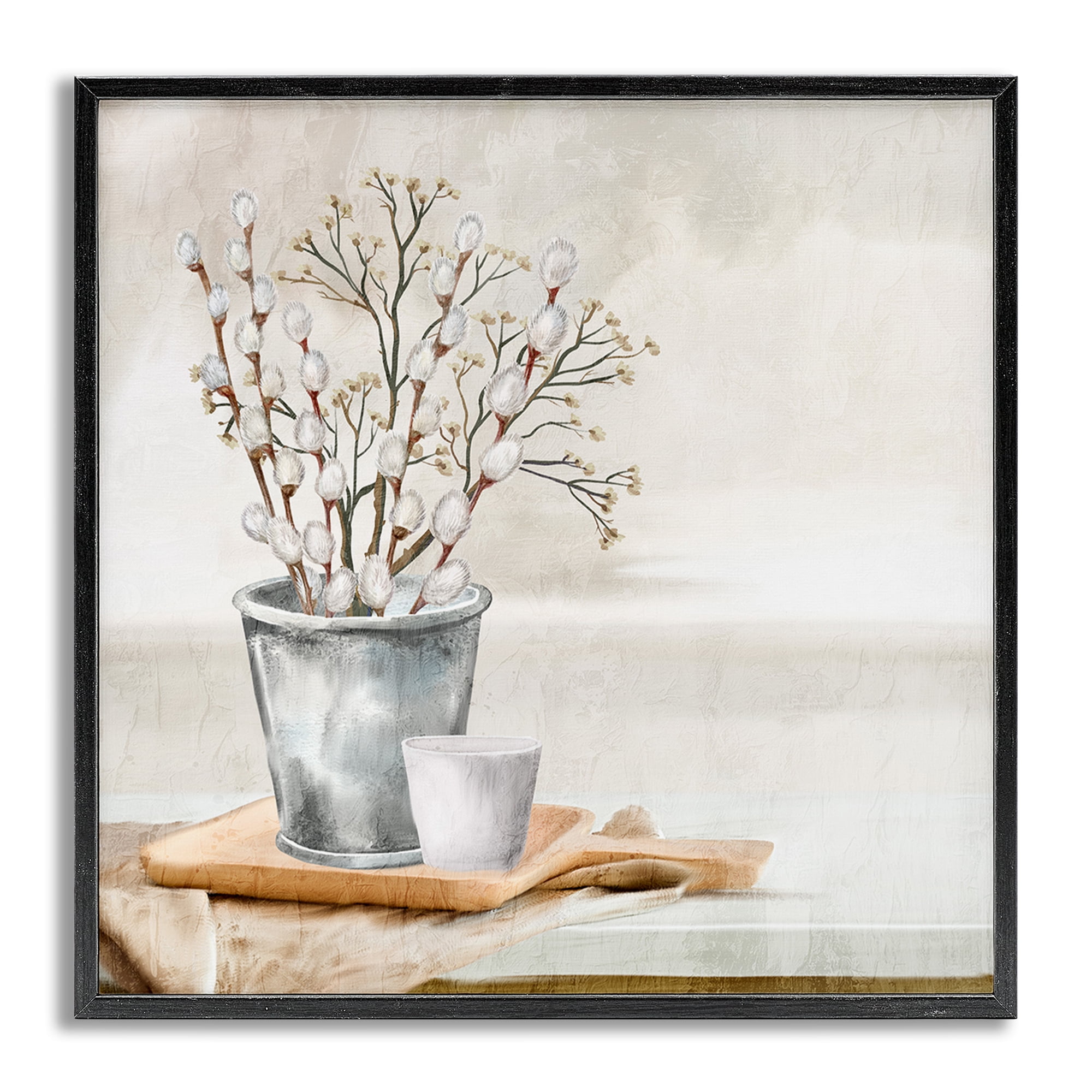 Stupell Industries Pussy Willow Still Life Botanical & Floral Painting Gray Framed Art Print Wall Art, 24 x 24