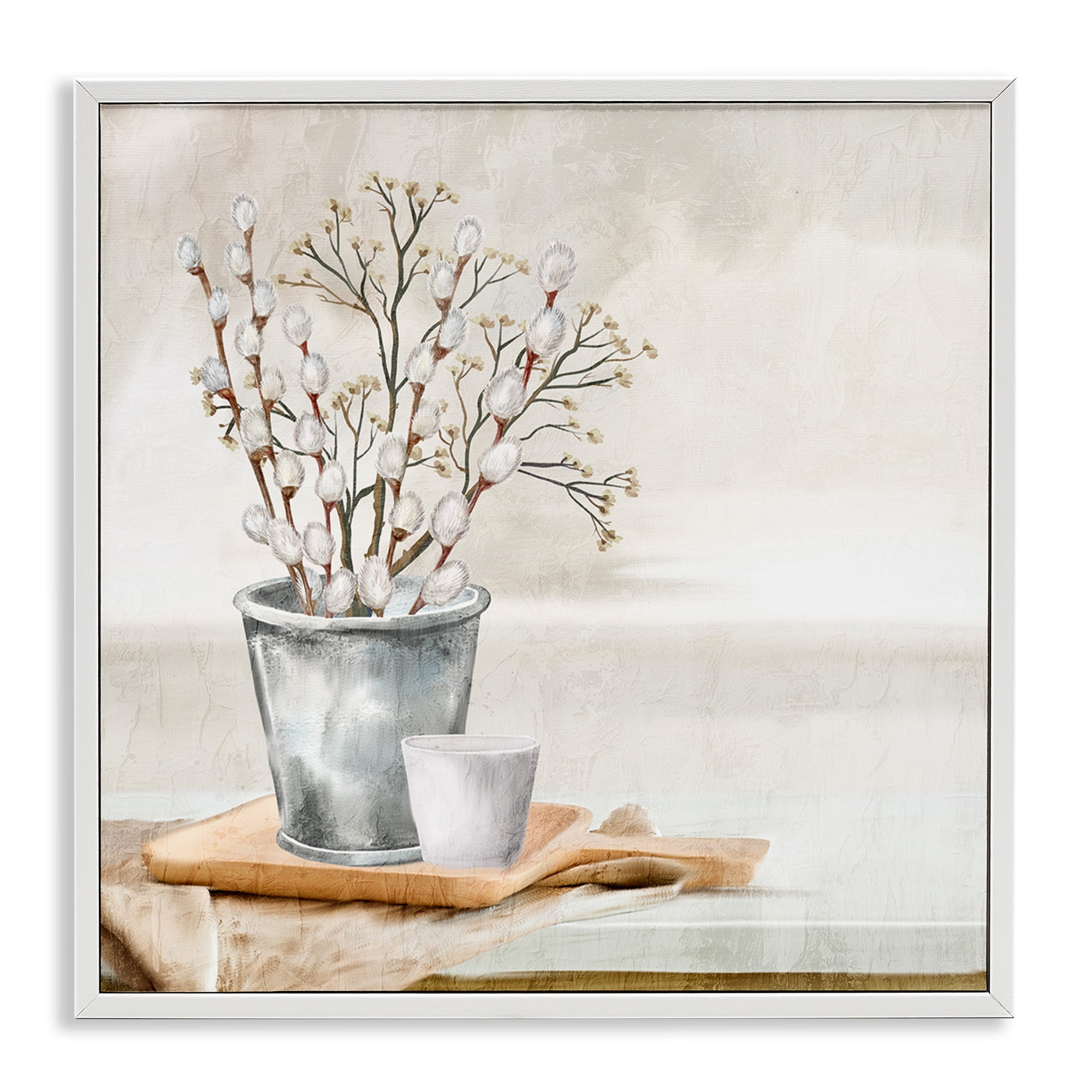 Stupell Industries Pussy Willow Still Life Botanical & Floral Painting White Framed Art Print Wall Art, 24 x 24