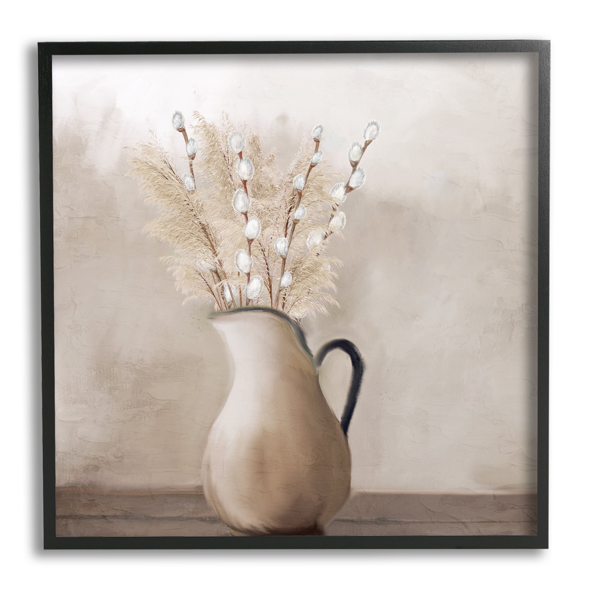 Stupell Industries Pussy Willow in Vase Botanical & Floral Painting Black Framed Art Print Wall Art, 17 x 17