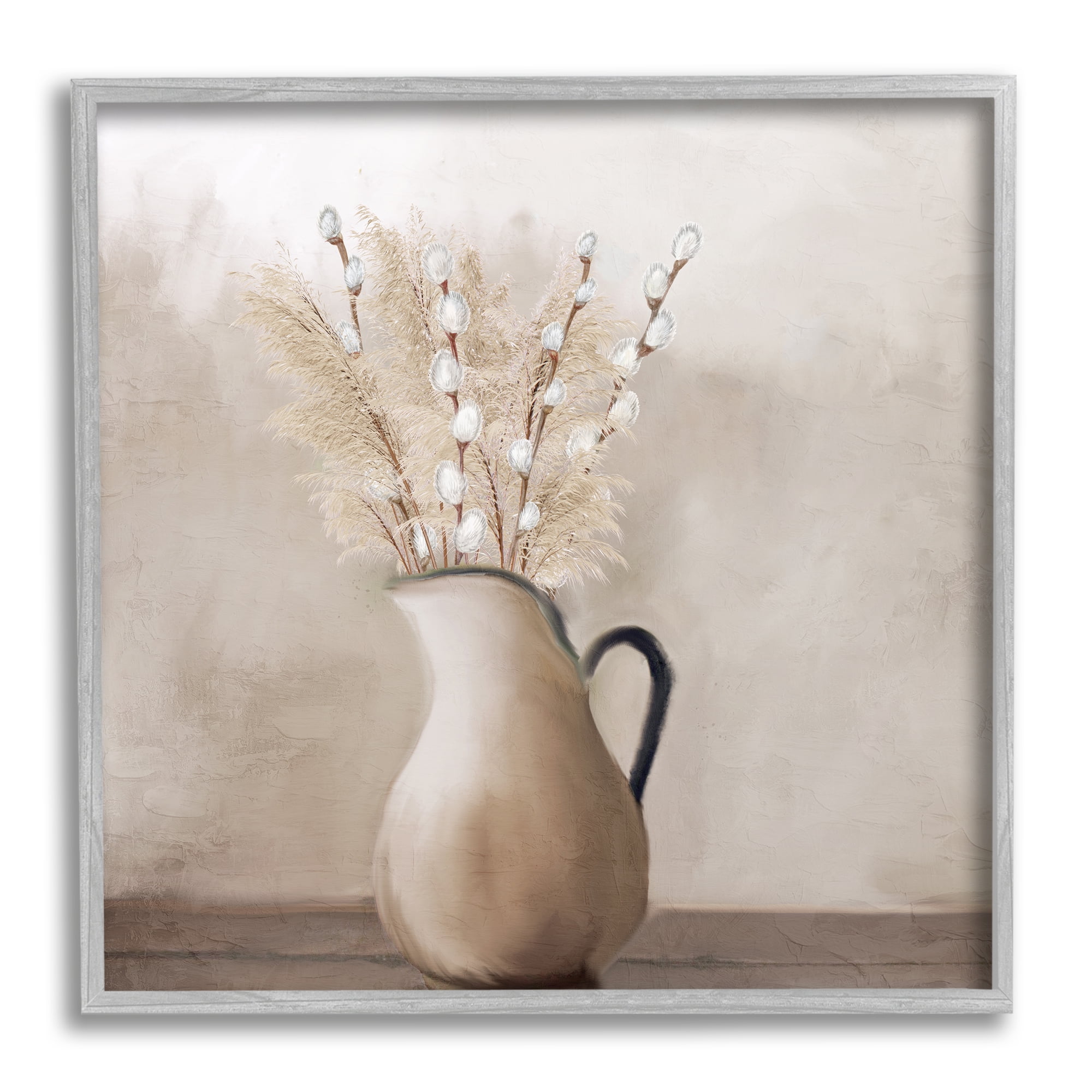 Stupell Industries Pussy Willow in Vase Botanical & Floral Painting Gray Framed Art Print Wall Art, 12 x 12