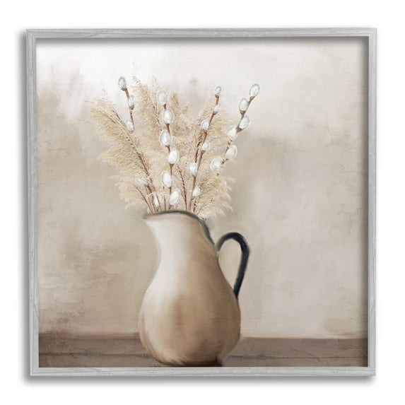 Stupell Industries Pussy Willow in Vase Botanical & Floral Painting Gray Framed Art Print Wall Art, 24 x 24