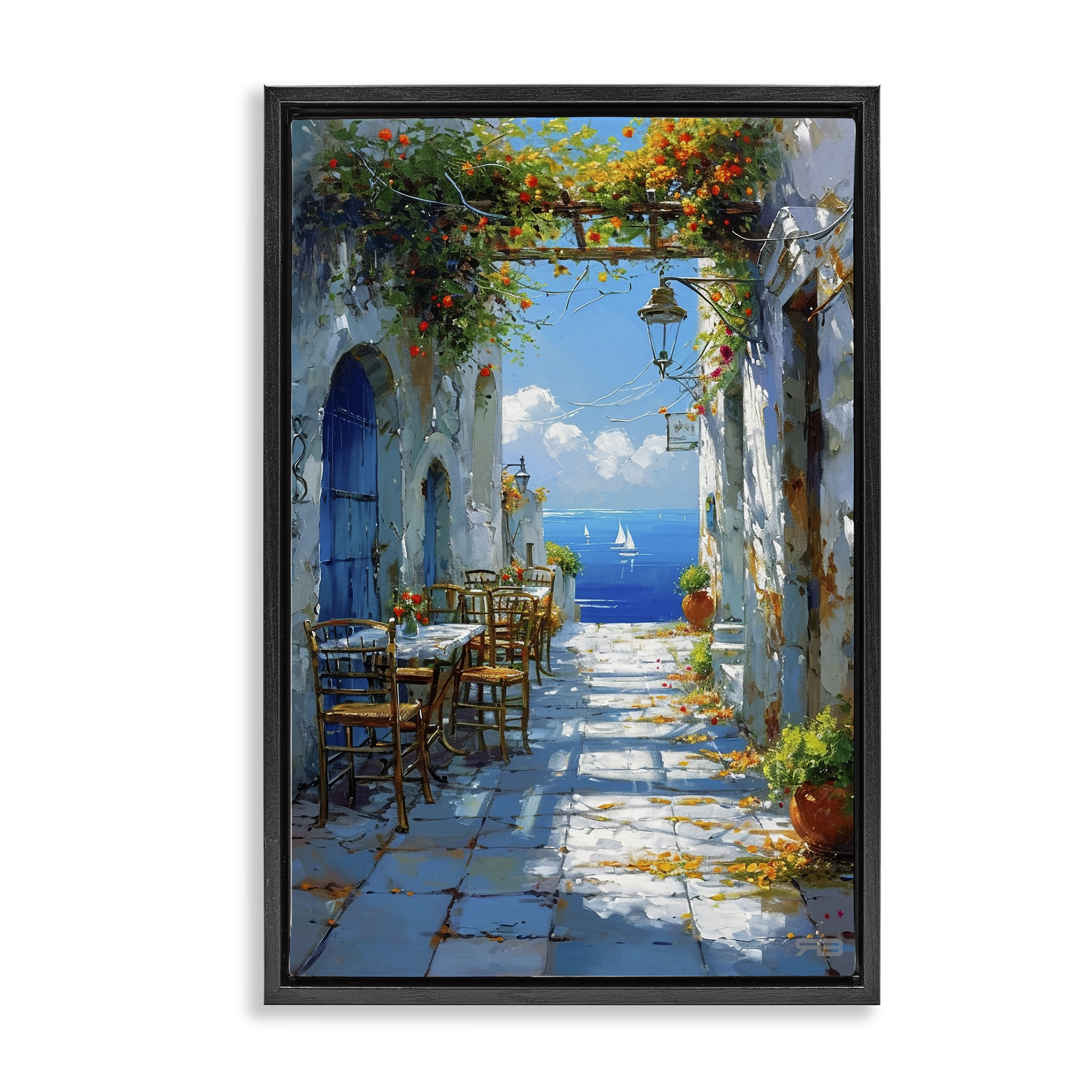 Stupell Industries Quaint Alley by Sea Cities & Countries Painting Black Floater Framed Canvas Art Print Wall Art, 17 x 25