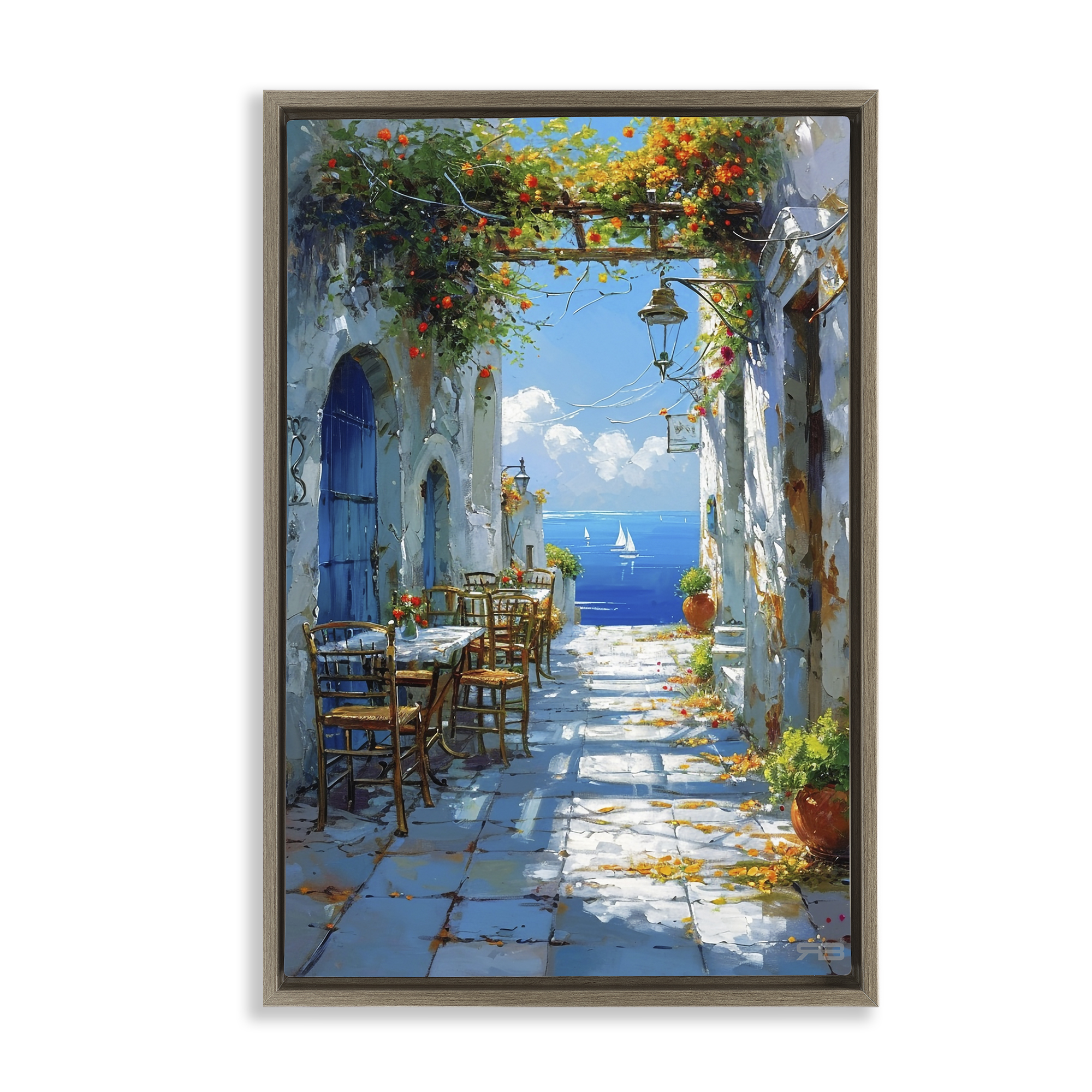 Stupell Industries Quaint Alley by Sea Cities & Countries Painting Brown Floater Framed Canvas Art Print Wall Art, 17 x 25