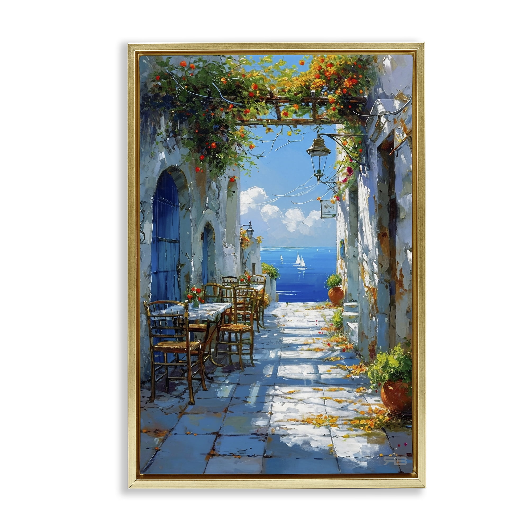 Stupell Industries Quaint Alley by Sea Cities & Countries Painting Gold Floater Framed Canvas Art Print Wall Art, 21 x 31