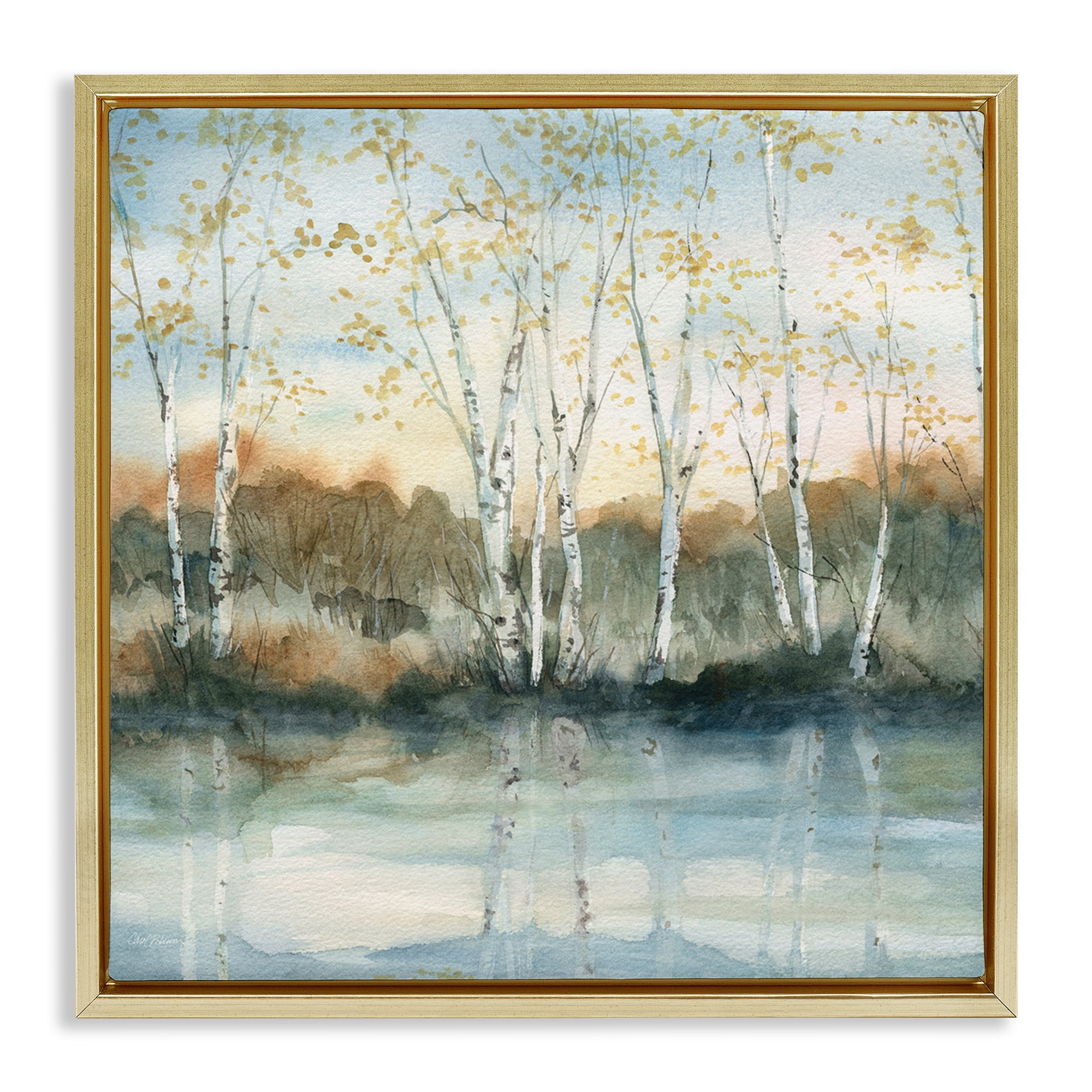 Stupell Industries Quaint Birch Tree Reflections Landscape Painting Gold Floater Framed Canvas Art Print Wall Art, 18 x 18