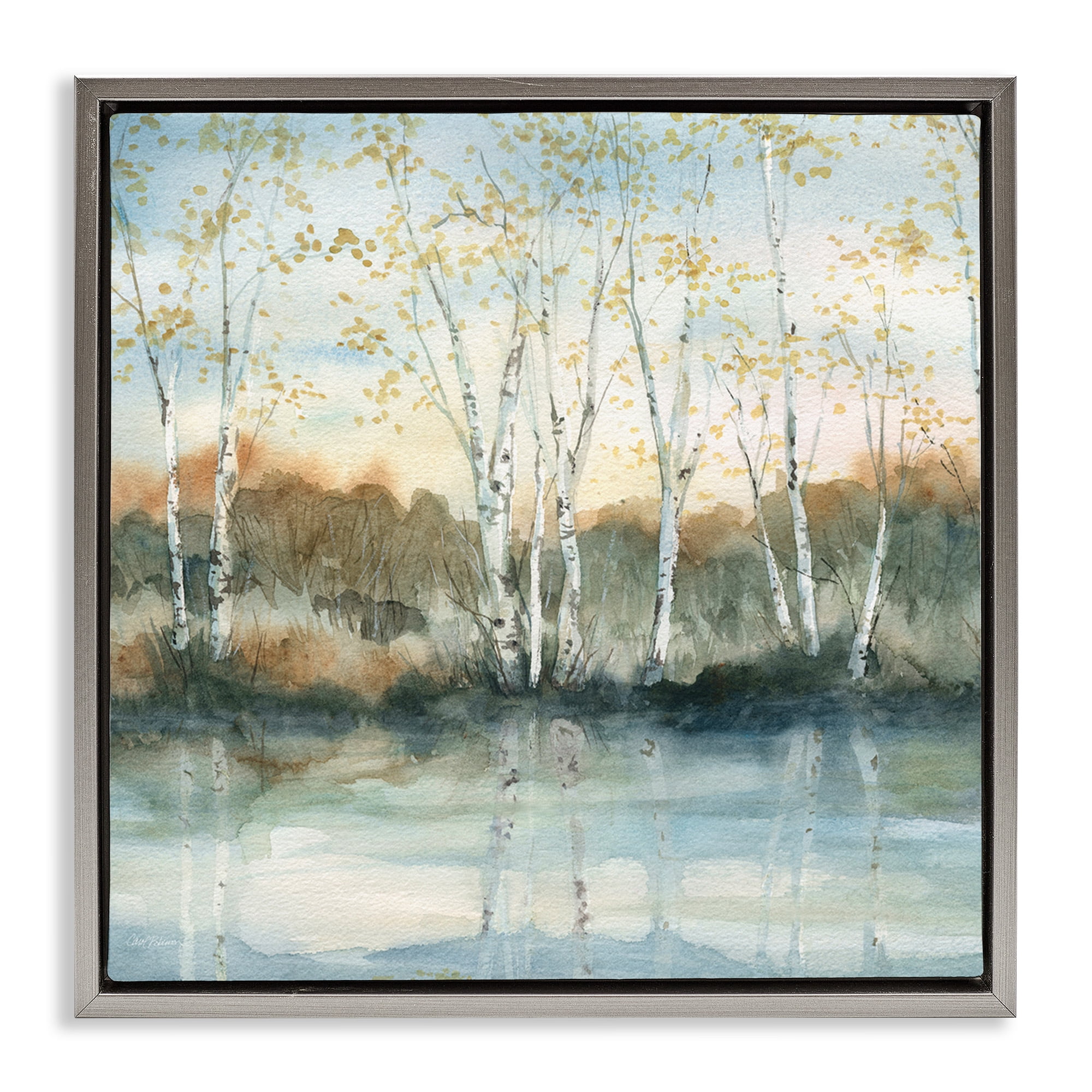 Stupell Industries Quaint Birch Tree Reflections Landscape Painting Gray Floater Framed Canvas Art Print Wall Art, 18 x 18