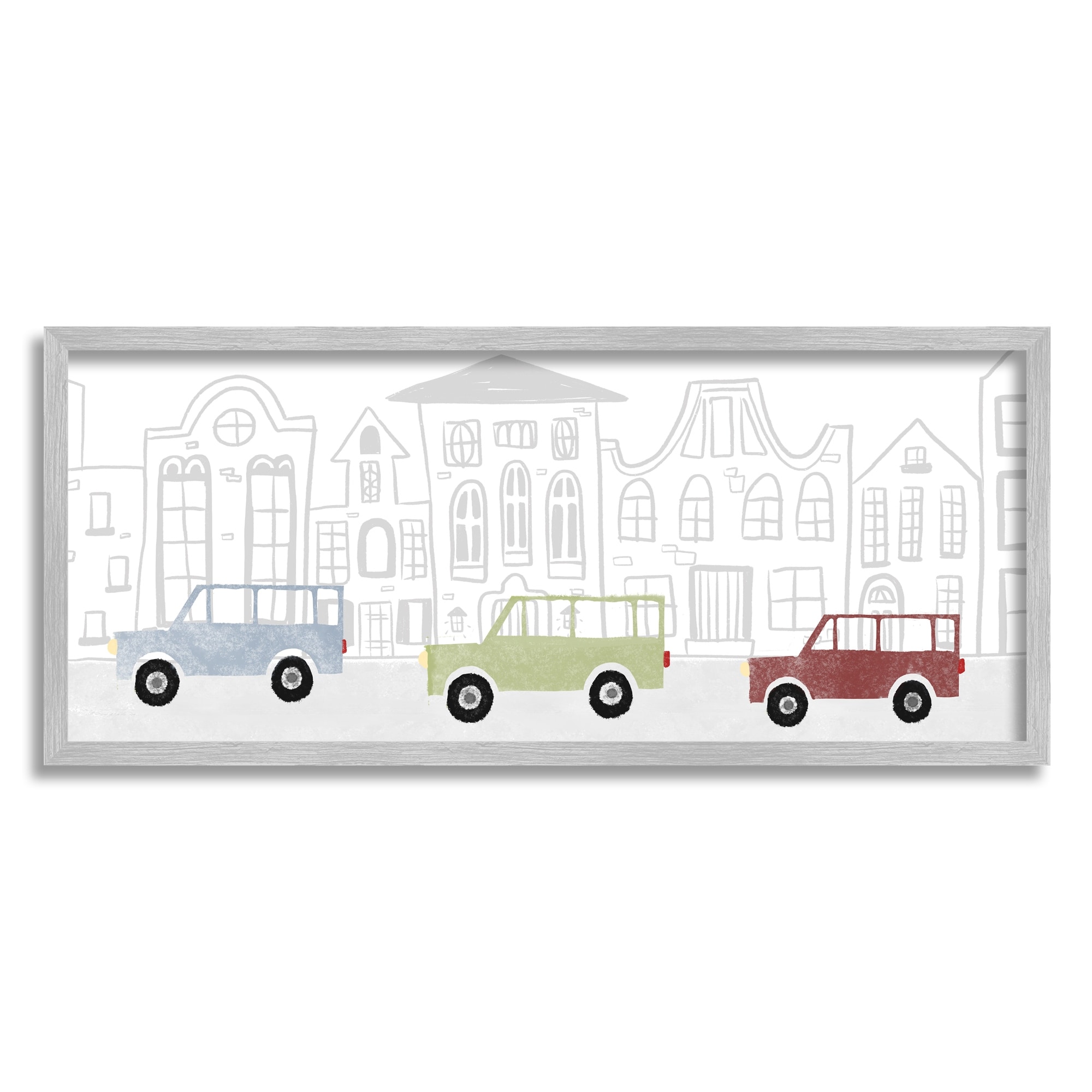 Stupell Industries Quaint City Neighborhood Cars Driving Along Road Illustration Framed Wall Art, 24 x 10, Design by Daphne Polselli